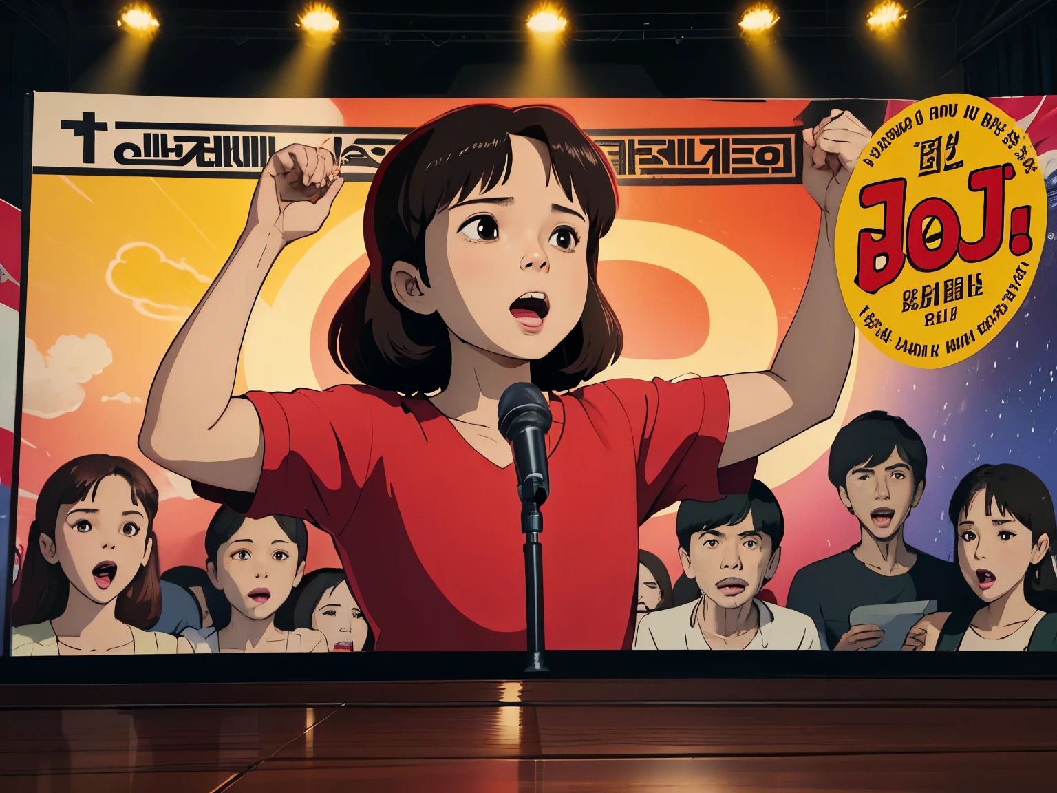 Buatlah Poster Film Animasi dengan judul "Oi Oi Oi" yang bercerita tentang pemuda yang menggemari Idol JKT48 dan sedang menonton sembari chant di Theater JKT48 