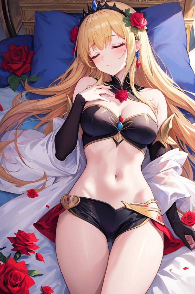 masterpiece，8k，Fairy tale style，Rose Princess，sleeping Beauty，A woman with medium ，(Gorgeous woman)，ahegao，Long blond hair，Showing belly，Slim waist，