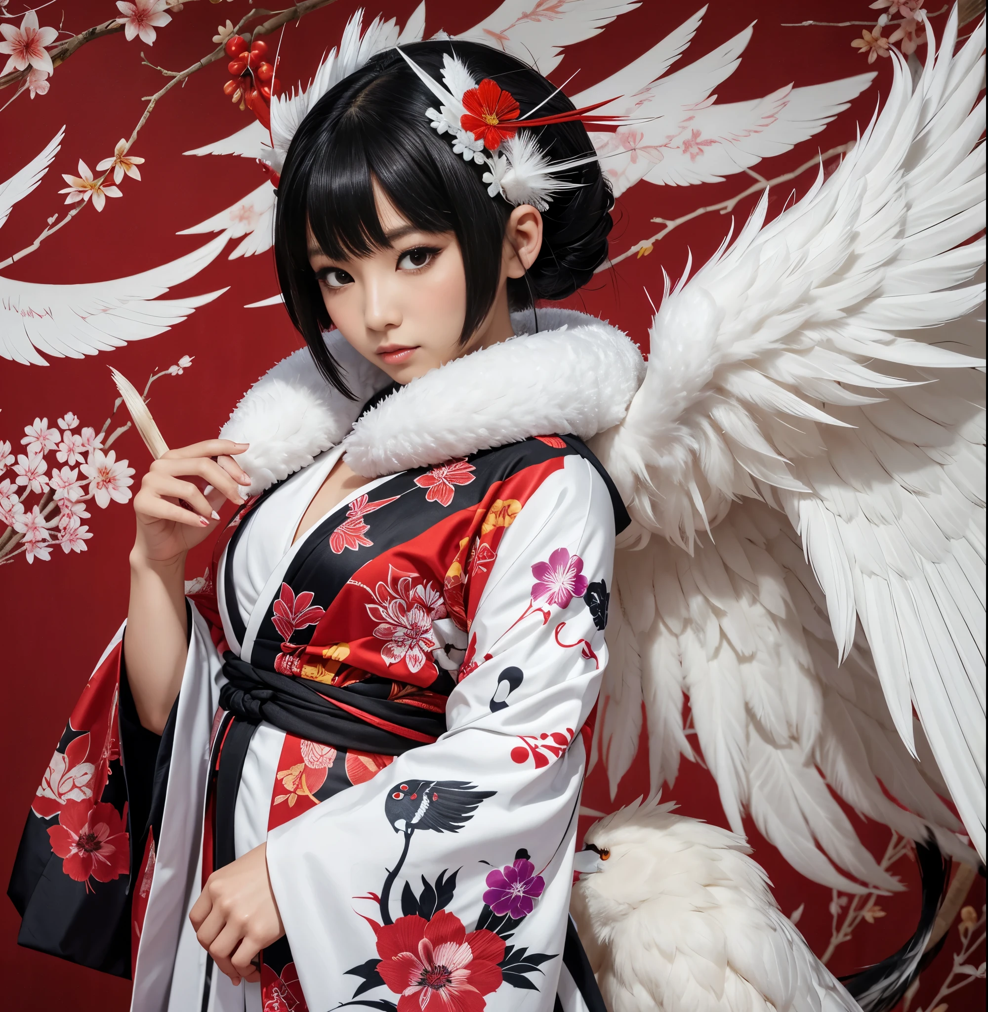 Mujer, Tengu, onmyoji, bird beak, lanudo, pelo canoso, plumas blancas, Alas largas, Pupilas moradas, Kimono, Estilo japones, fondo sencillo, embarazada sexy