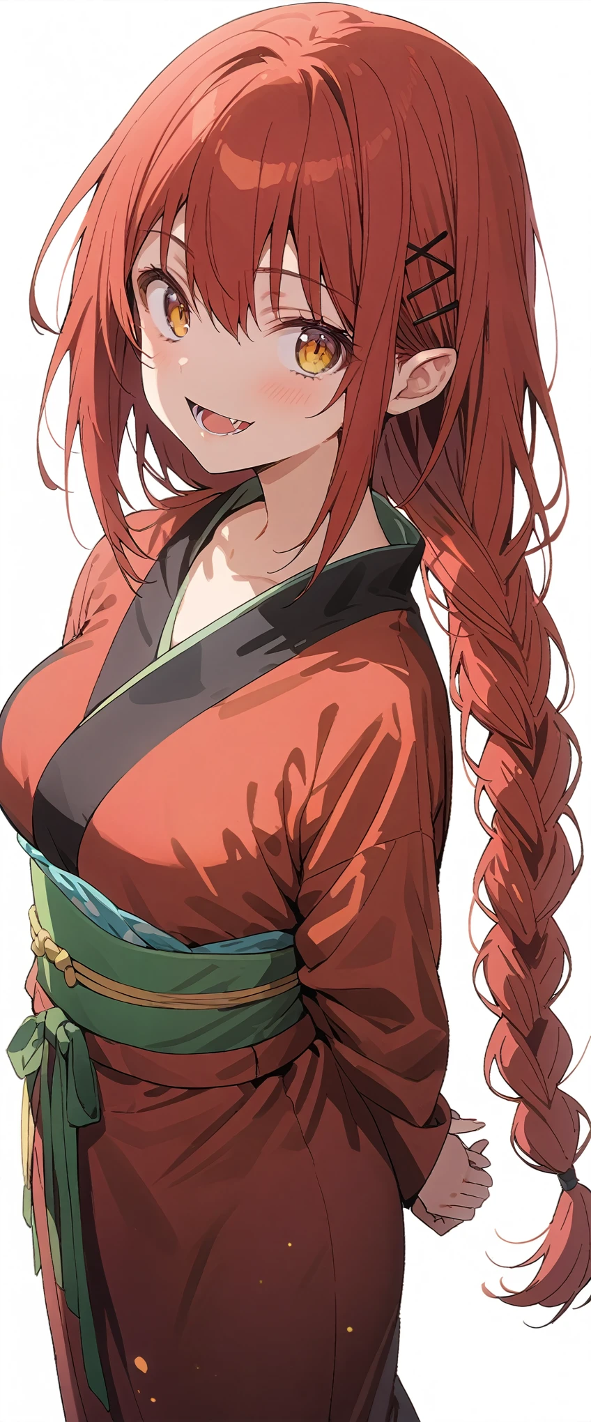 Solid white background、white background、Blank background、Ultra-high resolution, highest quality,Solo,just standing girl, One Girl、Full body view from the front、fish-bone braid hair、Fishbone Hair、red hair、arms behind back、Put your hands behind your back、Hide your hands、busty、beautiful detailed eyes、Red hair x yellow eyes、yellow eyes、 smile、Open your mouth、Red Yukata、barefoot