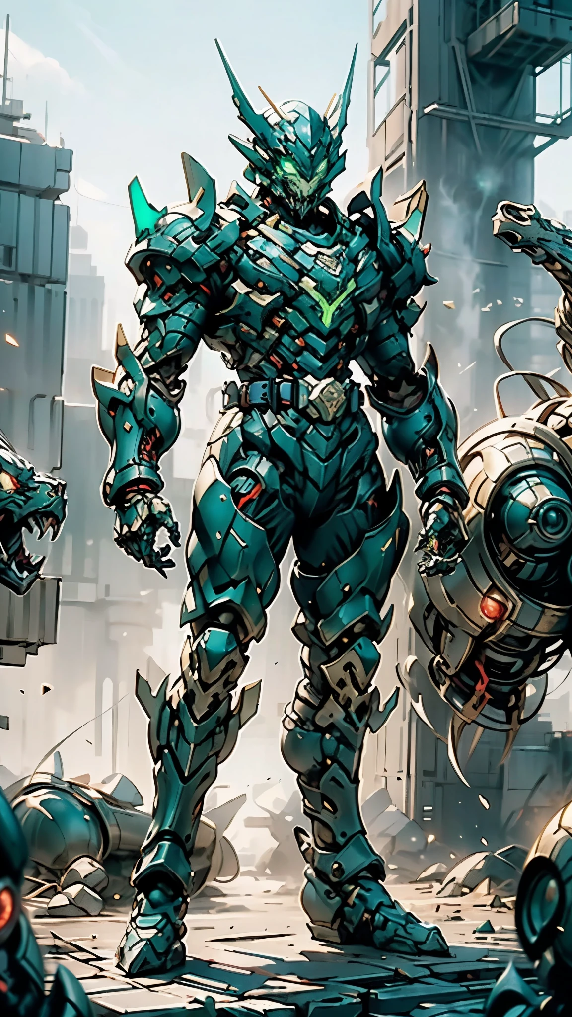 A man wearing a full-face helmet, a fantasy-style biotech armored combat suit, green eyes, (a composite layered chest armor), fully enclosed shoulder guards, matching arm and leg guards, the belt is adorned with fangs biting into gem, (the color scheme is primarily black with red accents), the design balances heavy with agility, a high-tech bio-mecha armor, (Armor Concept Inspired by Godzilla, stand on the top of a skyscraper in a futuristic sci-fi city), this character embodies a finely crafted fantasy-surreal style armored hero in anime style, exquisite and mature manga art style, (element, plasma, energy, the armor glows), ((male:1.5)), metallic, real texture material, dramatic, high definition, best quality, highres, ultra-detailed, ultra-fine painting, extremely delicate, professional, perfect body proportions, golden ratio, anatomically correct, symmetrical face, extremely detailed eyes and face, high quality eyes, creativity, RAW photo, UHD, 32k, Natural light, cinematic lighting, masterpiece-anatomy-perfect, masterpiece:1.5