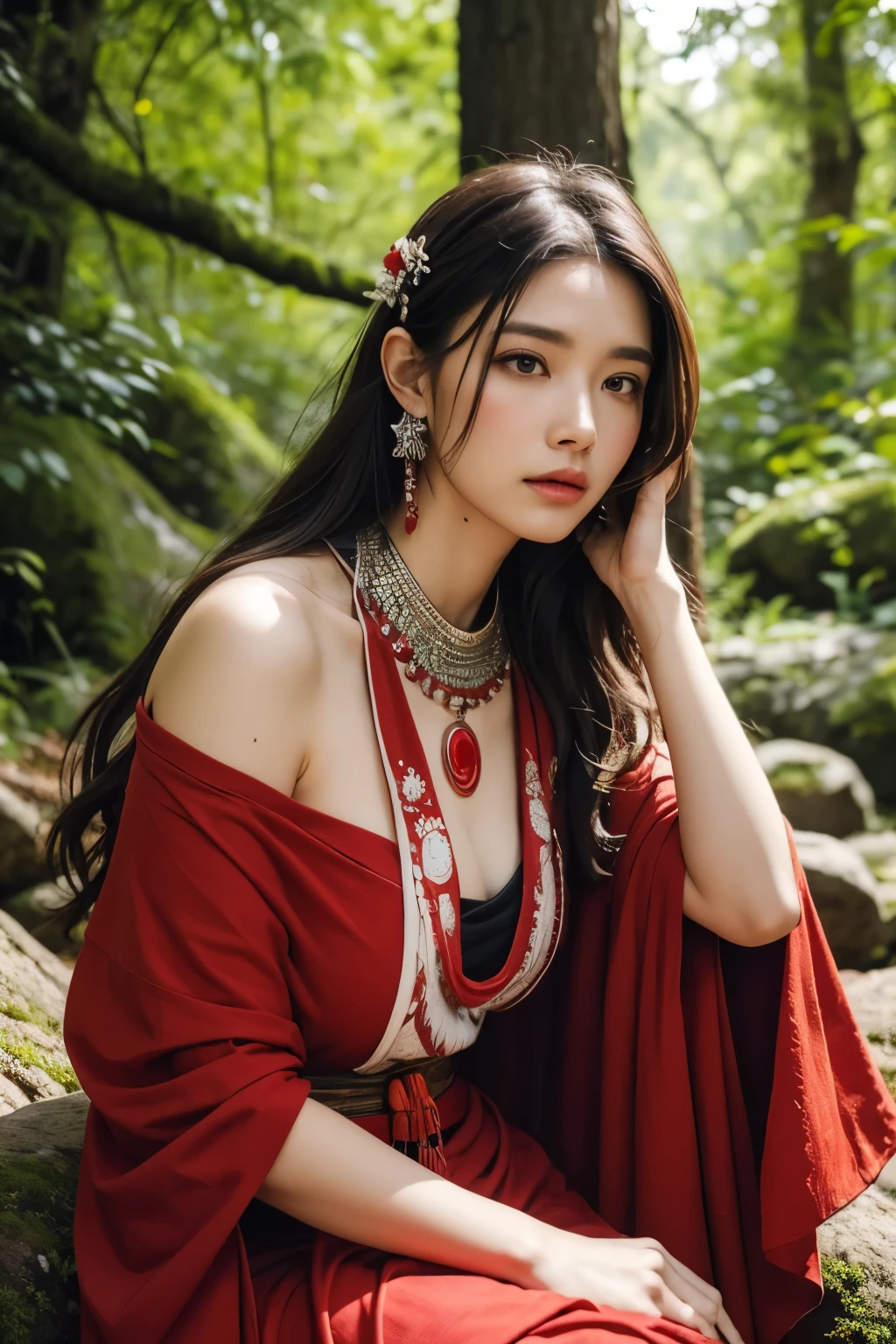 Beautiful woman sitting quietly on a rock under a large tree in the forest, Dressed in red and white shaman clothes, magazine pose, (Highly detailed facial expressions),