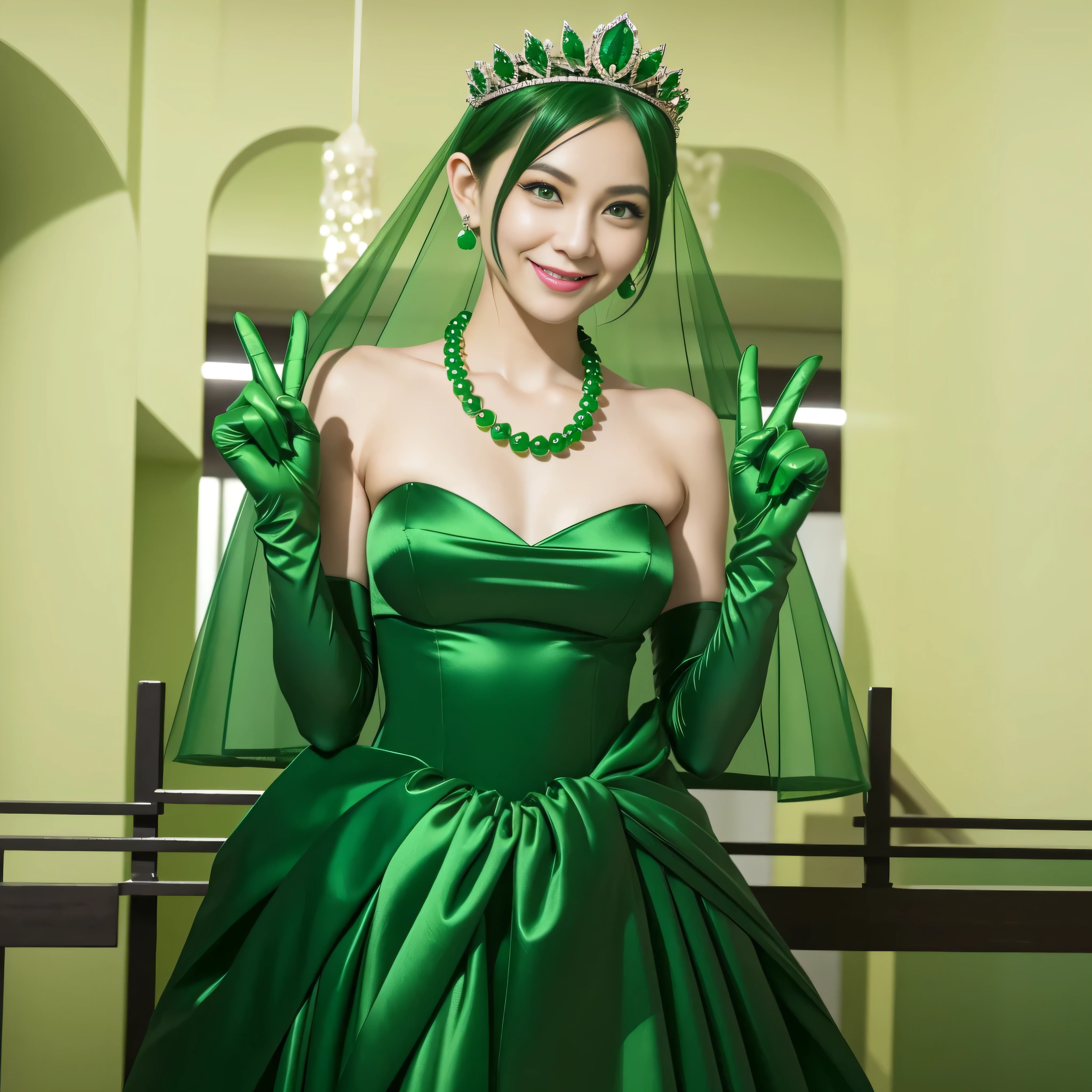 Emerald tiara, Green Pearl Necklace, Boyish very short green hair, lipstick, Smiling Japanese woman, Very short hair, Big and beautiful, Green Eyes, Long green satin gloves, Green Eyes, v sign, Emerald Earrings, Green veil