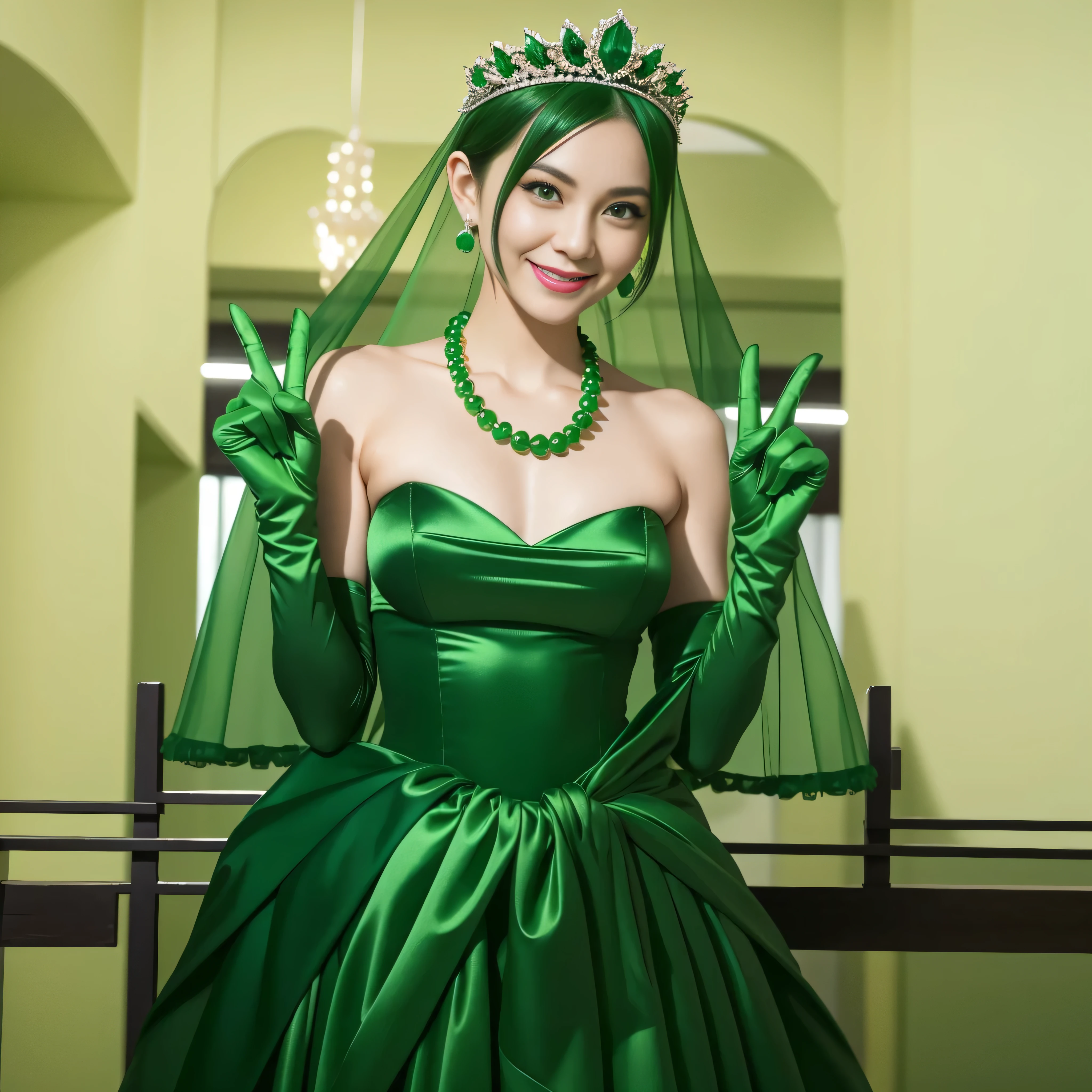 Emerald tiara, Green Pearl Necklace, Boyish very short green hair, lipstick, Smiling Japanese woman, Very short hair, Big and beautiful, Green Eyes, Long green satin gloves, Green Eyes, v sign, Emerald Earrings, Green veil
