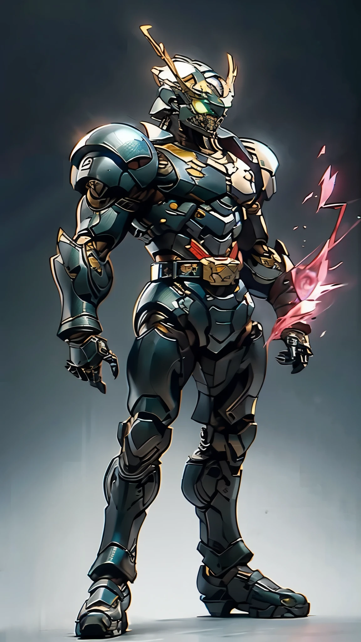 A man wearing a full-face helmet, a fantasy-style biotech armored combat suit, green eyes, (a composite layered chest armor), fully enclosed shoulder guards, matching arm and leg guards, the belt is adorned with fangs biting into gem, (the color scheme is primarily black with red accents), the design balances heavy with agility, a high-tech bio-mecha armor, (Armor Concept Inspired by Godzilla, stand on the top of a skyscraper in a futuristic sci-fi city), this character embodies a finely crafted fantasy-surreal style armored hero in anime style, exquisite and mature manga art style, (element, plasma, energy, the armor glows), ((male:1.5)), metallic, real texture material, dramatic, high definition, best quality, highres, ultra-detailed, ultra-fine painting, extremely delicate, professional, perfect body proportions, golden ratio, anatomically correct, symmetrical face, extremely detailed eyes and face, high quality eyes, creativity, RAW photo, UHD, 32k, Natural light, cinematic lighting, masterpiece-anatomy-perfect, masterpiece:1.5