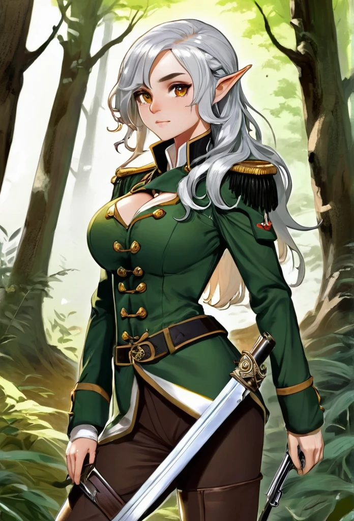 detailed (side view),dynamic angle,ultra-detailed,dynamic pose, close-up, straight on,
Elf, white hair, wavy hair, shoulder length hair,
iridescent silver-white streaks in her hair, large iridescent red-gold eyes, wearing a torn and shredded tight forest green 18th century military officers jacket, 1700’s European military jacket, open jacket, torn forest green-brown trousers, standing in a forest clearing, ruin medieval castle in the background, castle ruins overgrown with plants, beautiful, mature, milf, elf milf, toned body, thick body, ripped clothes, very large breasts, massive breasts, deep cleavage, resistant, strong, courageous, proud, determined, armed with flintlock, holding flintlock pistol