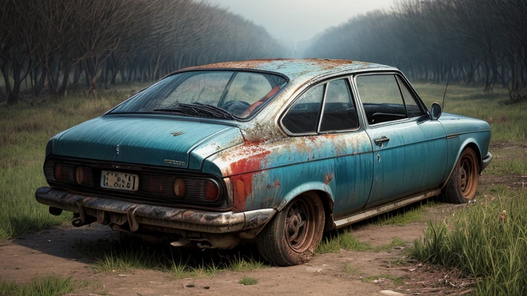 Abandoned carros Peugeot , metal enferrujado escuro, danificado (quebrado,naufragado) carros, weeds are growing