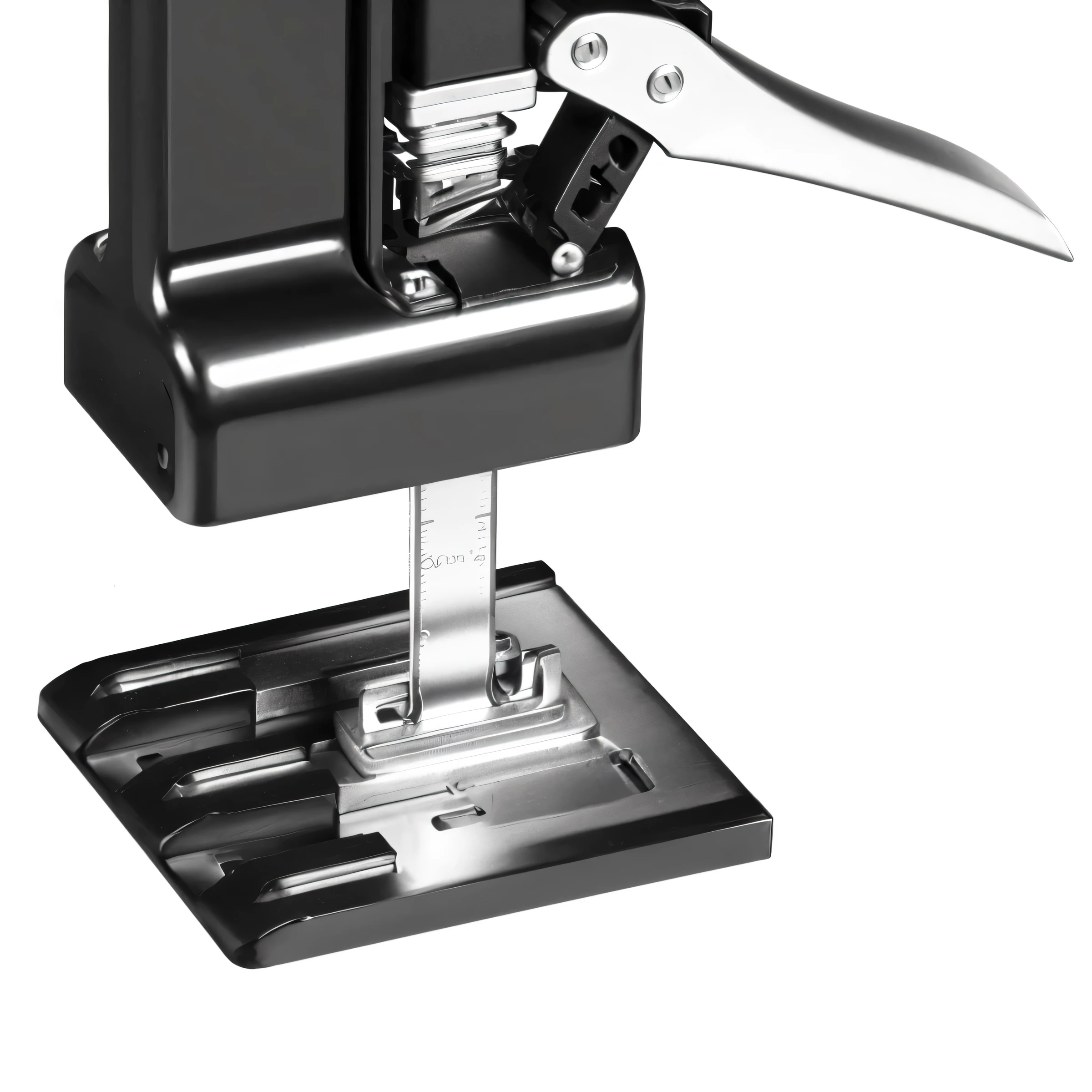 Close-up of a stapler with a metal handle and a metal grip, Accurate details, Official product images, feature, Quick assembly, Powerful details, White background, High-resolution printing, High resolution photos, On a dark background, Ease of use, main course, Sharpen to high quality, rubber stamp, Detailed product photos，unbelievably realistic