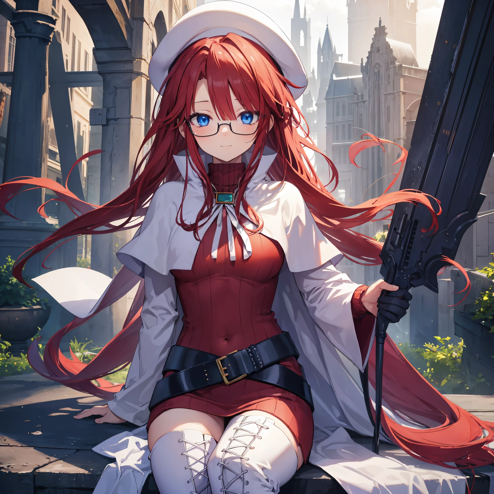 pov,(nsfw:1.2),summonnightaty, aty, (young:1.3),long hair, blue eyes, red hair, large_beret, hat, glasses,
BREAK long hair, thighhighs, hat, dress, boots, glasses, belt, cape, sweater, zettai ryouiki, beret, thigh boots, white footwear, ribbed sweater, loose belt,solo,
BREAK outdoors, fantasy,on_a_ship,
BREAK (masterpiece:1.2), best quality, high resolution, unity 8k wallpaper, (illustration:0.8), (beautiful detailed eyes:1.6), extremely detailed face, perfect lighting, extremely detailed CG, (perfect hands, perfect anatomy),covered_nipples,covered_navel,light_smile ,(half_eyes:1.4),sword,armpit,sleepy,dynamic_sitting,barrel,red_sweater,apart_legs,magical_effect,spread_legs,