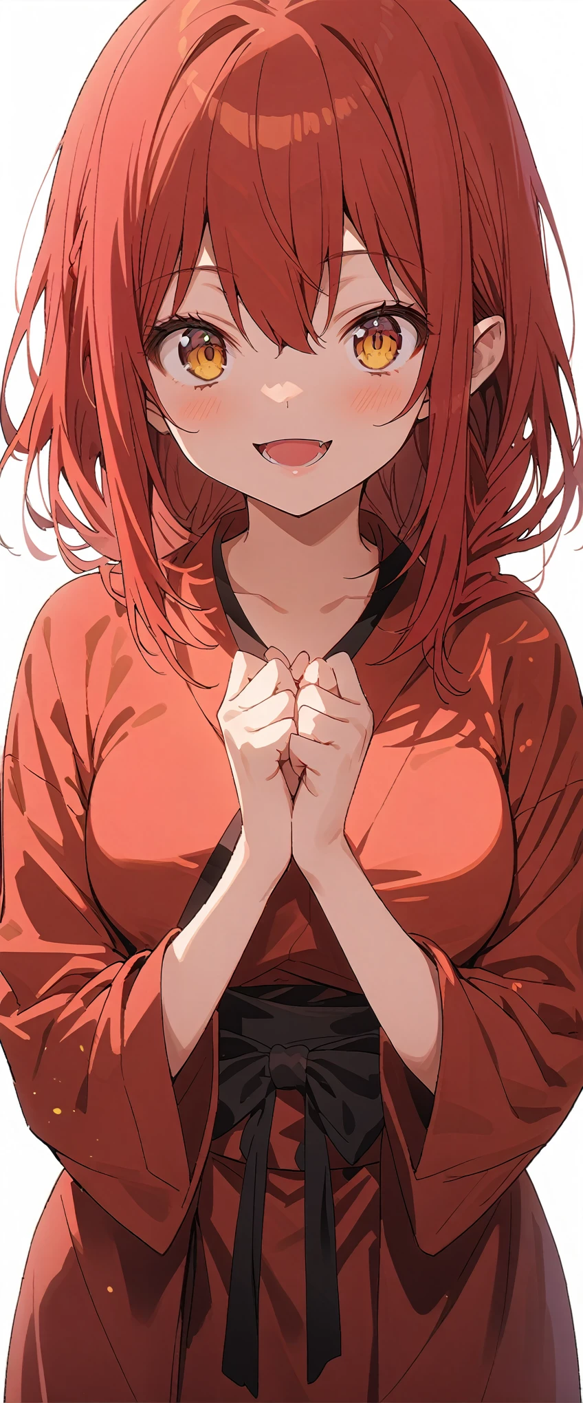 Solid white background、white background、Blank background、Ultra-high resolution, highest quality,Solo,just standing girl, One Girl、Full body view from the front、fish-bone braid hair、Fishbone Hair、red hair、arms behind back、Put your hands behind your back、Hide your hands、busty、beautiful detailed eyes、Red hair x yellow eyes、yellow eyes、 smile、Open your mouth、Red Yukata、barefoot