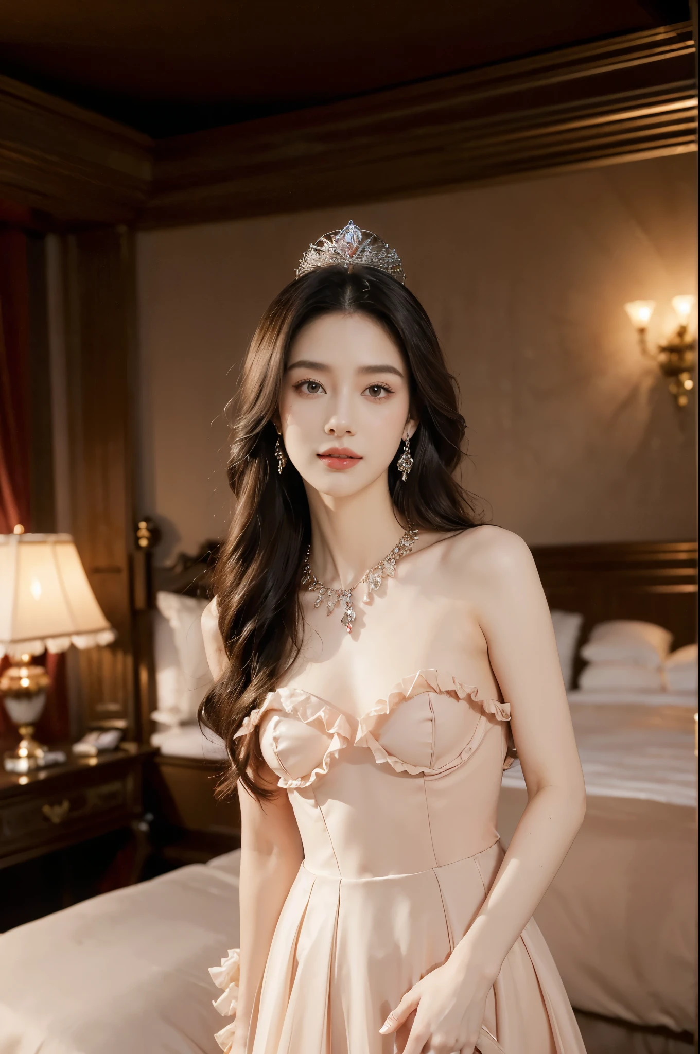 (Extremely meticulous CG),(((8k))),wallpaper,(Portrait above the chest:1.3),((Extremely refined and beautiful)),(((Masterpiece))),(((best qualtiy))),(((Ultra High Resolution))),beautiful light up,realistic shaded,(Smooth and flawless fair skin:1.5),(Extremely exquisite facial details:1.2),(ultra-detailed:1.5),((a beautiful girl,solo)),(shoulder length straight bob hair:1.3),(small head:1.2),(princess crown:1.2),(slender face:1.2),(Exquisite makeup:1.3),(smiling:1.2),(laughing:1.2),(blush:1.3),(perfect body:1.2),(earrings:1.2),(crystal necklace:1.3),(Bracelet:1.2),(Gorgeous red Gothic ruffled evening dress:1.5),((slim,thin)),(small breasts:1.2),(flat chests:1.2),(slender legs:1.2),(nude pantyhose:1.5),(high heels:1.3),(from front:1.3),(standing:1.3),(arms behind back:1.3),(In a luxurious hotel bedroom:1.5),(Extremely luxurious decoration:1.5),(warm neon lights:1.3),(indoor:1.2),(Cyberpunk style:1.3),(detailed background:1.5),(night scene:1.5),(upper body:1.3),