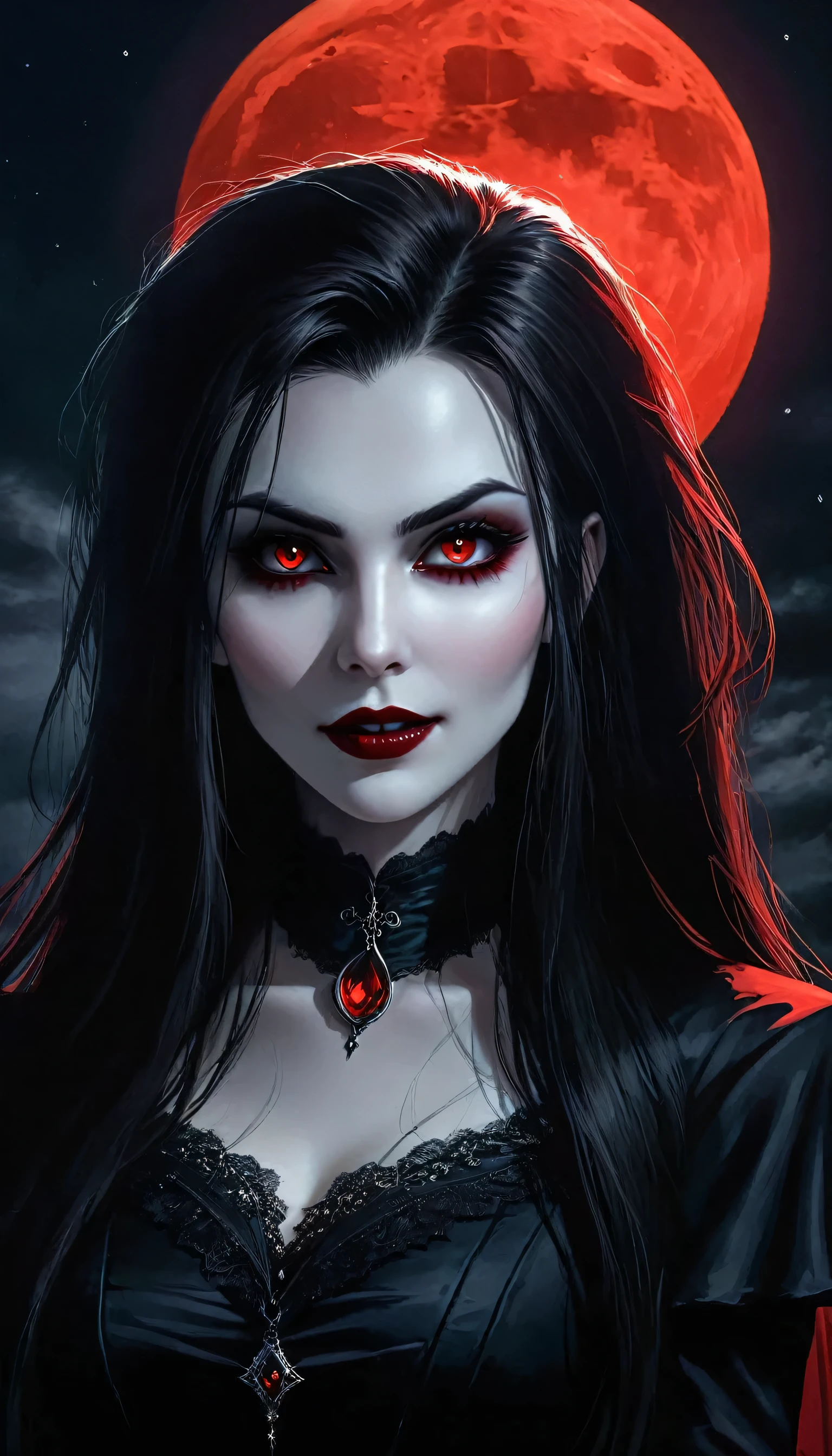 (best quality,highres),far away camera angle,looking into a female vampire's eyes,demonic smile,pointed fangs,beautiful detailed eyes,sharp focus,piercing gaze,sinister atmosphere,pale skin,flowing dark hair,vivid red lips,black Gothic attire,full moon in the background,subtle moonlight illuminating her face,surreal art style,dramatic shadows,creepy ambiance