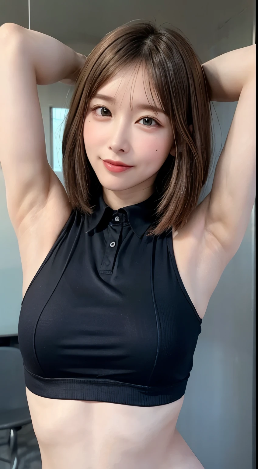 (Realistic:1.3、Ultra HD、Ultra-high resolution、8k、Japanese office lady、Realistic、black collared shirt、At work、)、((Look Viewer:1.8))、(Extremely realistic skin texture:1.4)、(Realistic:1.3)、((smile:0.6)))、(40-year-old woman、Mature Woman)、(Raise both arms to show your armpits:1.8)、(Face close-up:1.65)、((Shooting from the side:1.1))、sexy、Sexual、
