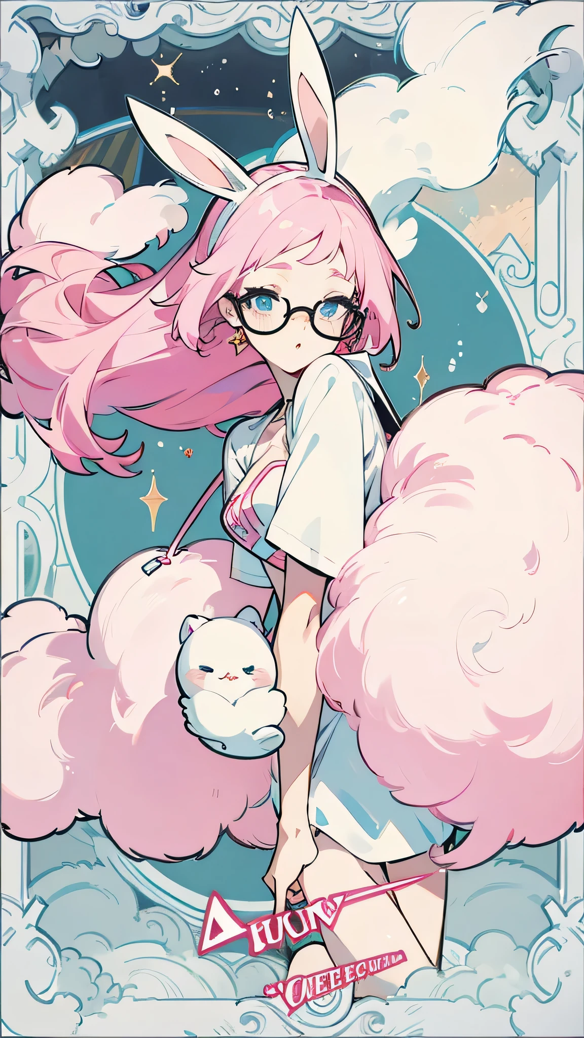 Cute bunny girl, pink hair, wearing glasses, blue eyes, pale skin, masterpiece, high quality, beautiful