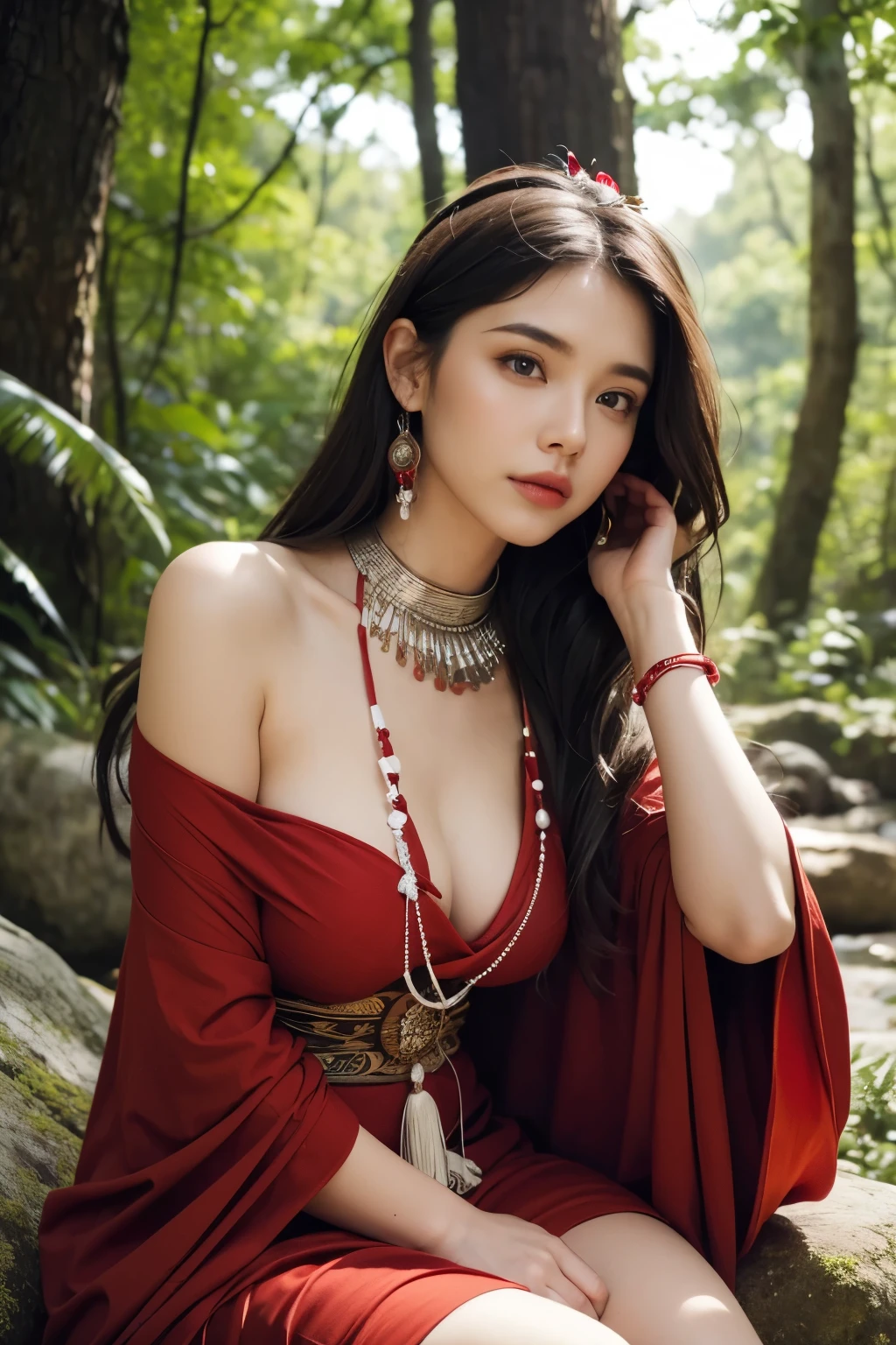 Background and model as is, Beautiful woman sitting quietly on a rock under a large tree in the forest, Dressed in red and white shaman clothes, magazine pose, (Highly detailed facial expressions),