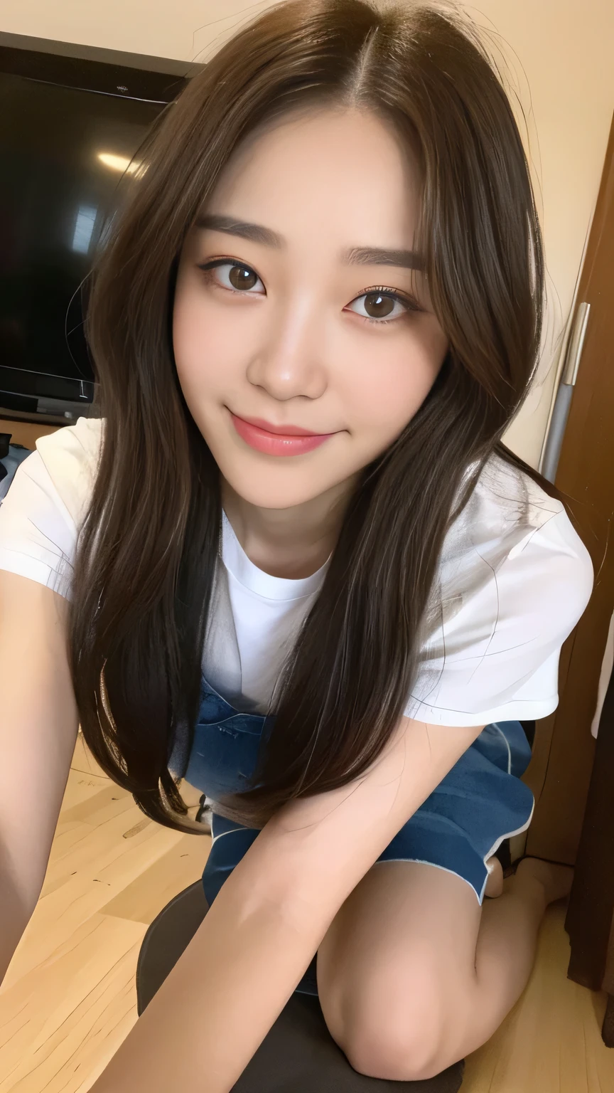 Full body angle、((highest quality, 8K, masterpiece:1.3)), concentrated:1.2, Perfect body beauty:1.4, Hips:1.2, ((Delicate Hair)), (Colorful T-shirts、Shorts、pajamas、 :1.1) , ((highest quality、8K、masterpiece:1.3))、1 Girl、A sloppy smile、Esbian all over、Slim face、Big 、Beautiful woman、(Dark Brown Hair)、Long Hair、1.1、Flickering Valley、Detailed eyes、double eyelid、Blurred Background、超Slim face、Smile、Looking down、
