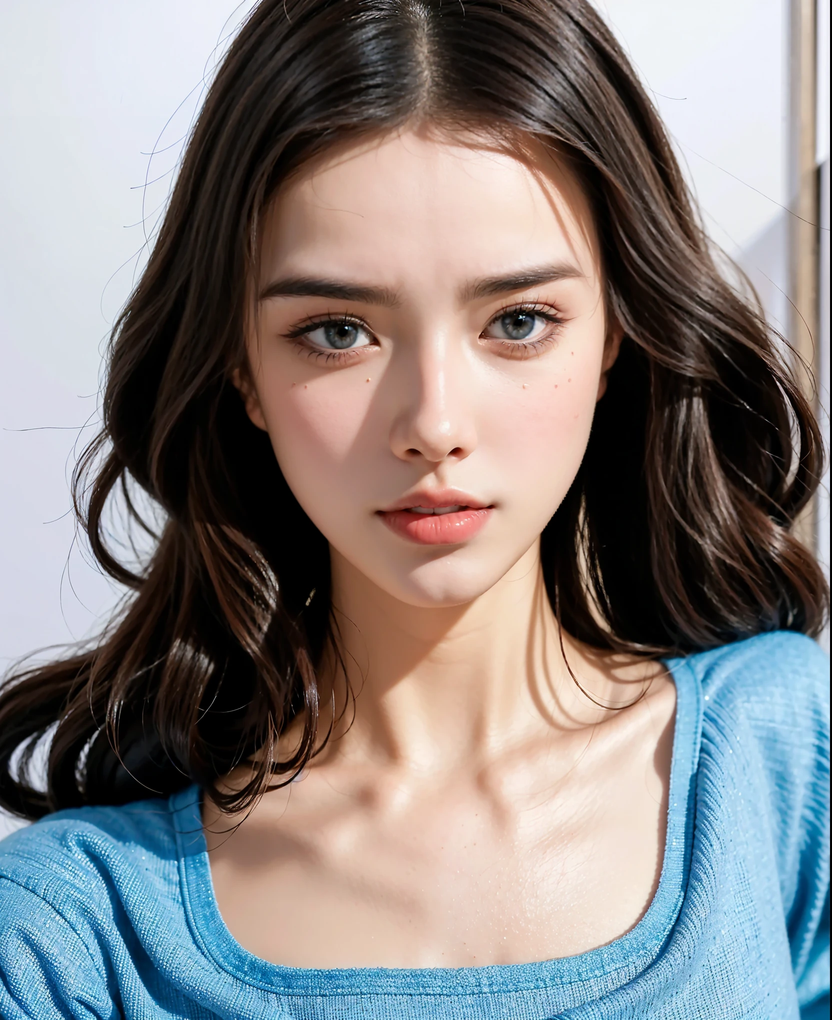 Close-up of a long-haired woman in a blue shirt, 年轻Cute Korean face, Ulzan, Nam Jae Hwa, Korean Girl, korean symmetrical face, Korean facial features, Korean pop makeup, Cui Xianhua, Beautiful Korean woman, Cute Korean face, Young and beautiful Korean woman, Korean pop makeup, Young and beautiful Korean woman