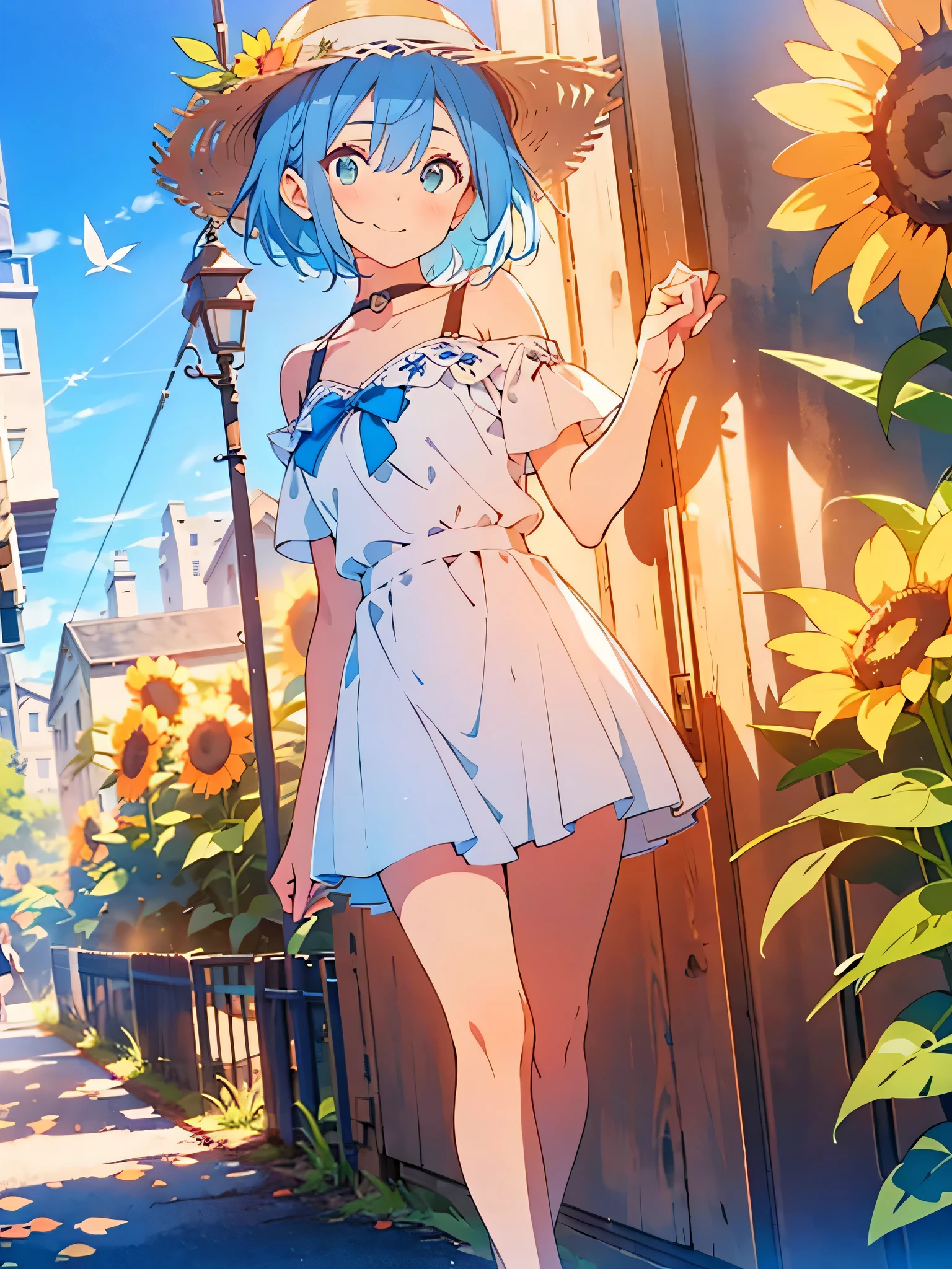 NSFW,masterpiece, best quality,(((color trace))),looking at viewer,town image,((short stature))
1girl, solo, open eyes,smile, standing,shoulder cutout, dress,((((blue hair)))),blue panty,green eyes,grim eyes, pigtail, blush, shortcut hair, white dress, clothing cutout, bangs, necklace, blurry, hand between leg,Town background, between legs, bow, facing viewer, small breasts, bare shoulders, straw hat, day, collarbone, hair bow, short sleeves, feet out of frame, ribbon,depth of field, hair over shoulder,noon,sky,bright sky,sun flower,downtown,old building