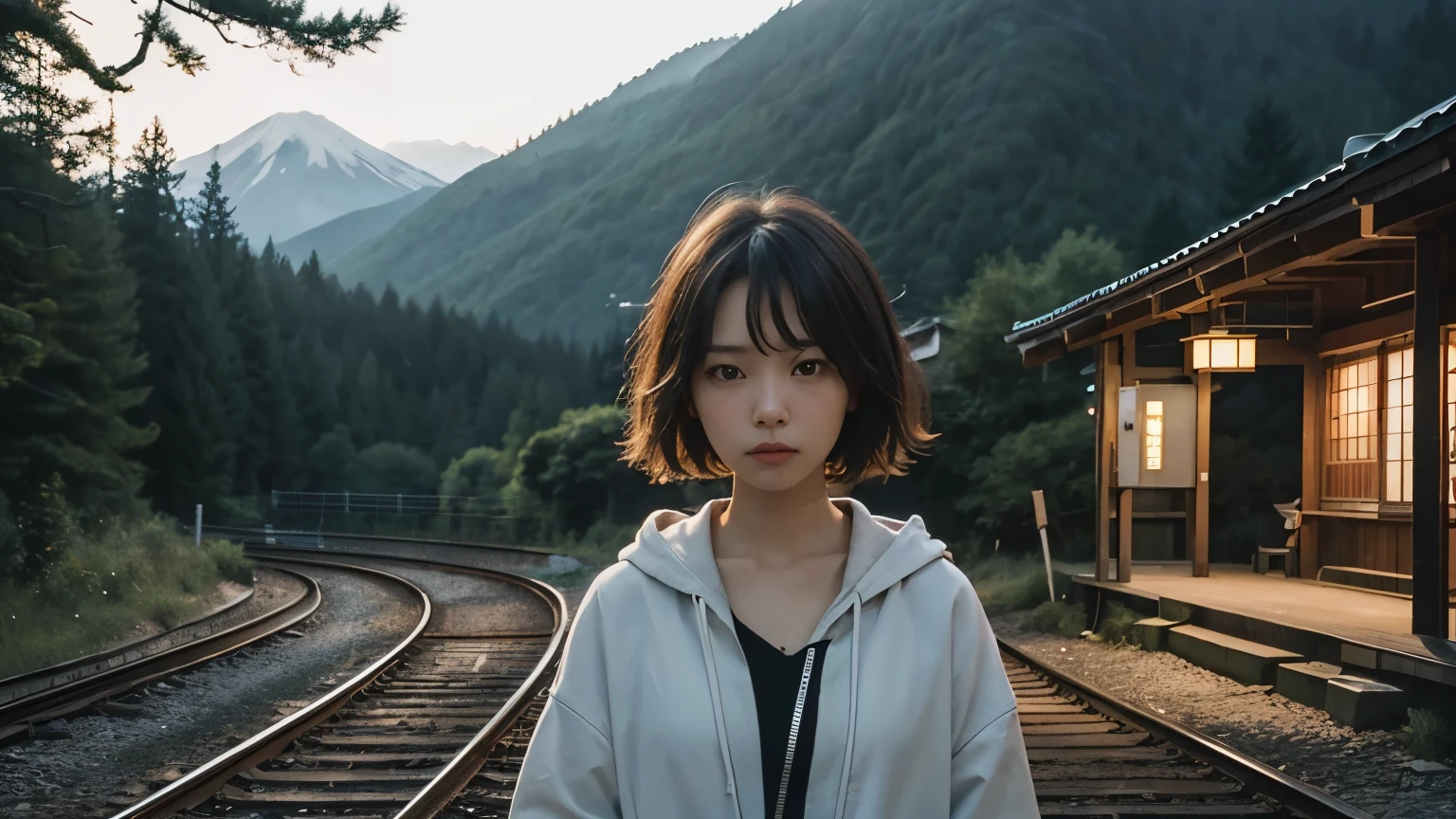 AUpper body close-up image. beautiful woman looks at the camera with a frightened expression. She is standing alone at an empty station. It was late at night and mountains and trees could be seen all around.This is a rural station in Japan, surrounded by thickets of trees.