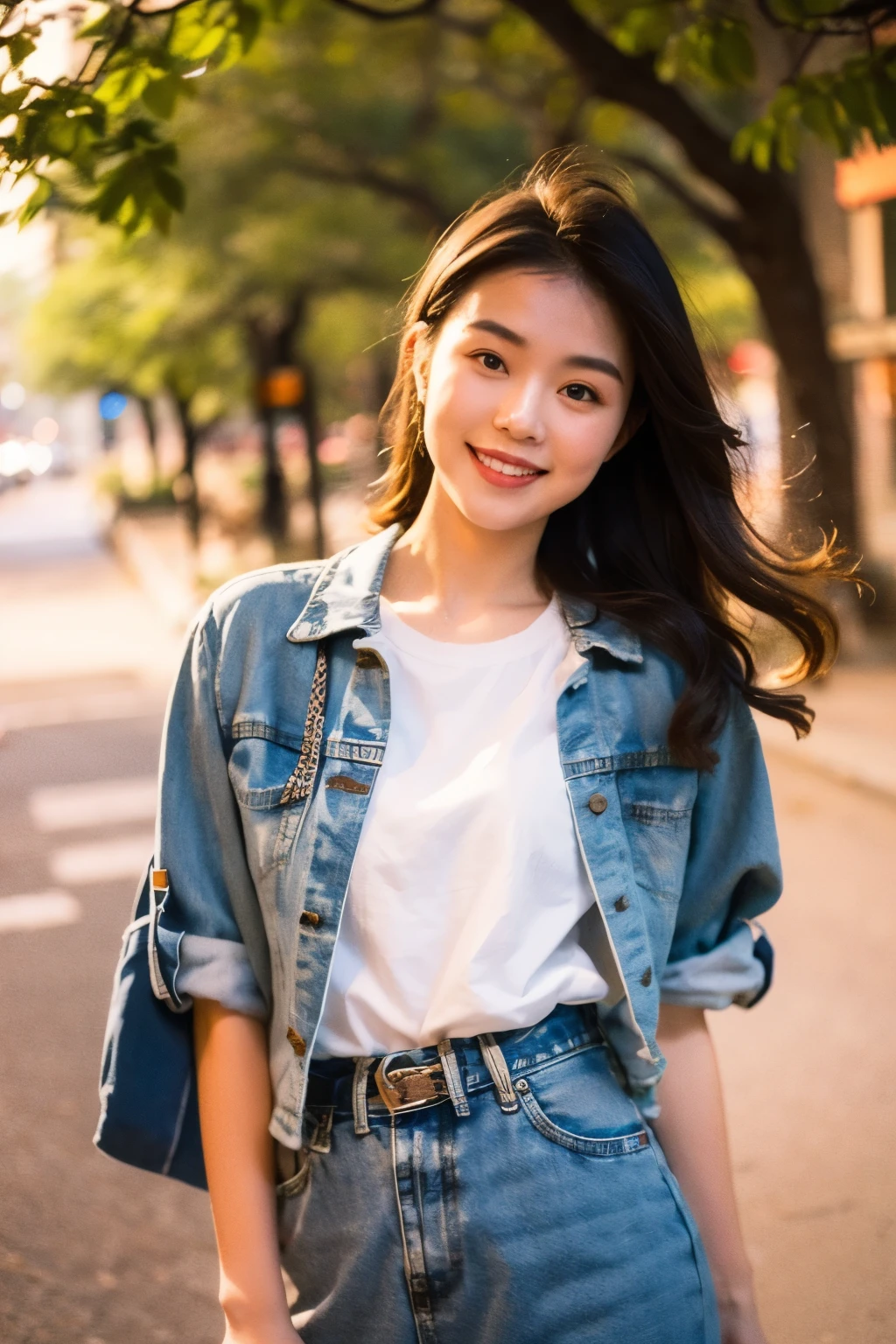 best quality,masterpiece,Ultra-high resolution,(RealistiCity:1.4),original photo,light,
Hongkong Style,Hongkong, 1 Girl, 1 boy, Brown hair, Smile, architecture, outdoor, shirt, City, Practical, Tree, denim, jeans, Black Hair, skirt, Photo Background, road