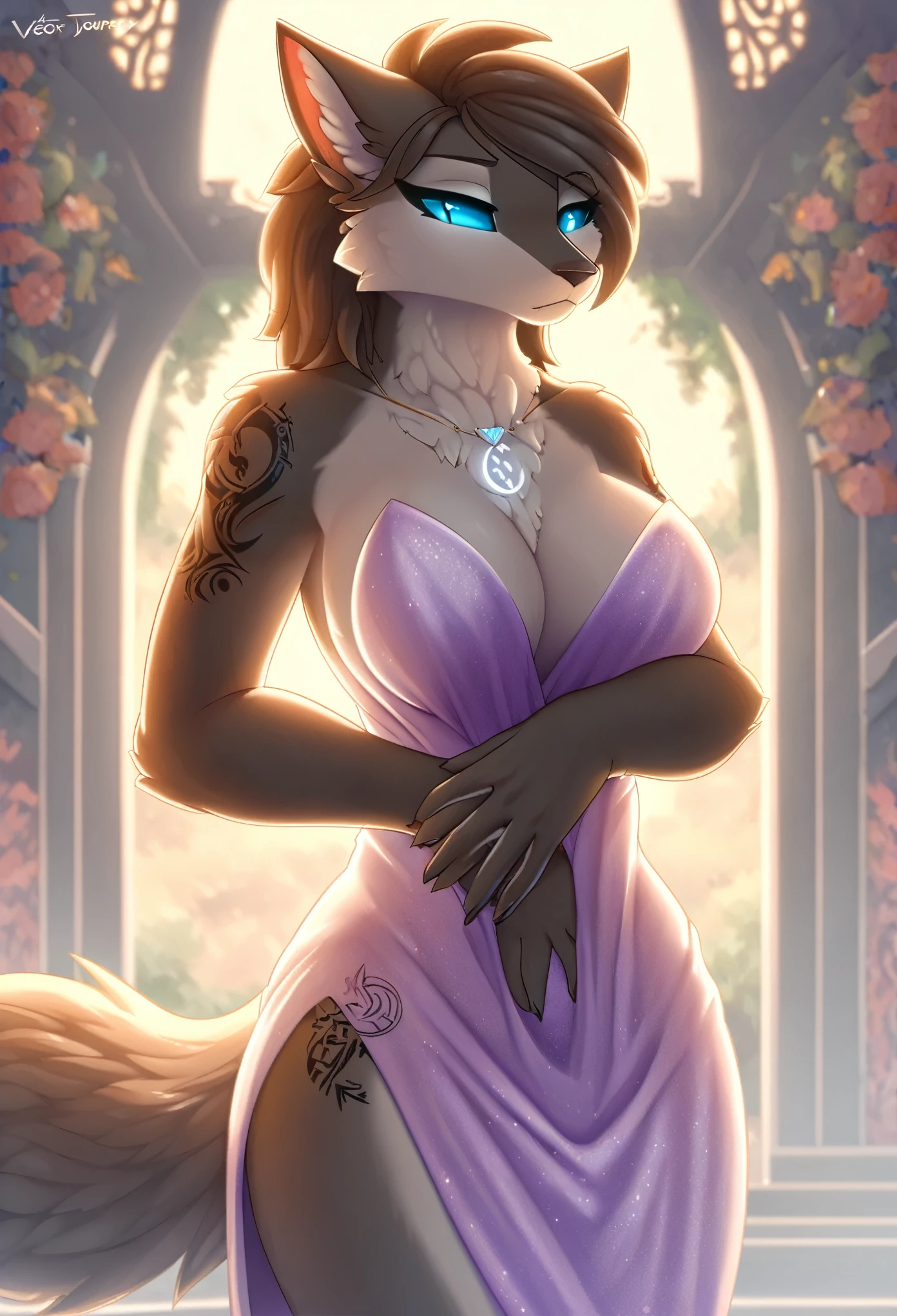 Comic, top quality, best quality, by rzminjourney, by vector-art, High-quality illustrations, masterpiece)(kemono, furry anthro), logo mark, round, female, Worgen, WoW, slim body, fur, fluffy, big breasts, wide hips, fluffy tail, clean eyes, lapiz sclera eyes, tattoo on left hand, evening dress, hands on belly,