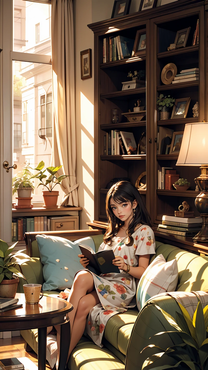 living room, sofa, window, curtain, Speckled sunlight, Potted plants, table, cupboard,Bookshelf, Desk lamp, Girl sitting on sofa、smile、play the guitar