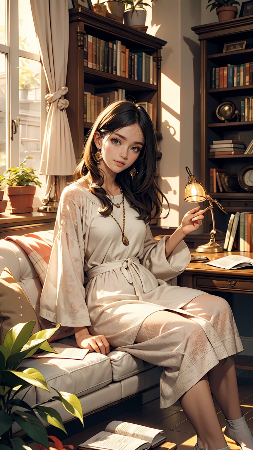 living room, sofa, window, curtain, Speckled sunlight, Potted plants, table, cupboard,Bookshelf, Desk lamp, Girl sitting on sofa、smile、play the guitar