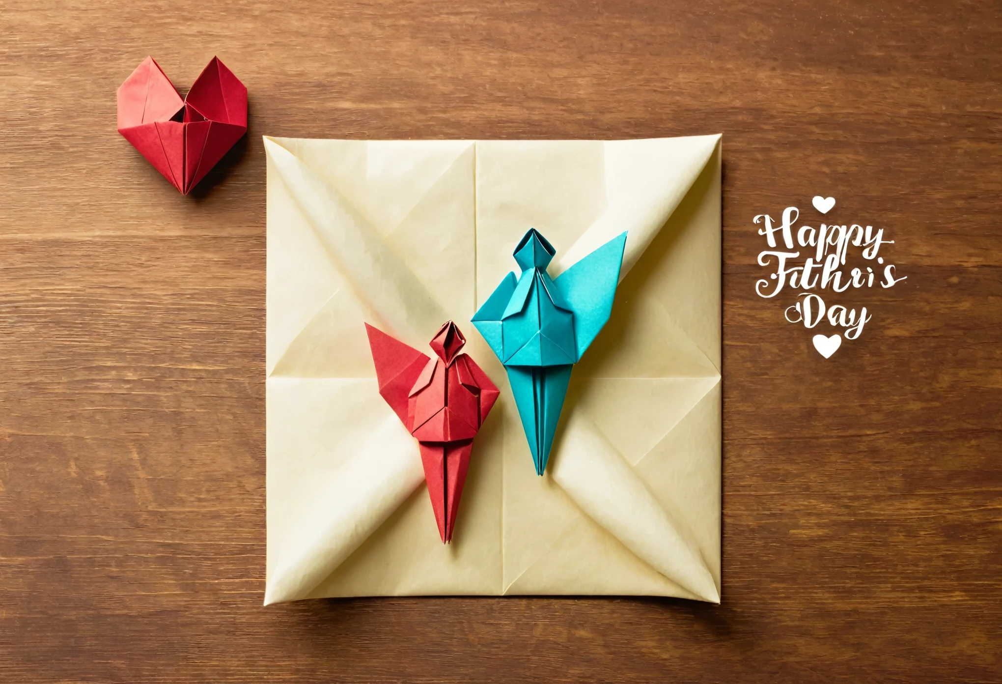 A Father's Day graphic featuring two origami figures, a smaller one passing a paper heart to a larger one. Background of a softly textured paper with "Happy Father's Day" in delicate, folded paper style text. 32k, full ultra hd, high resolution