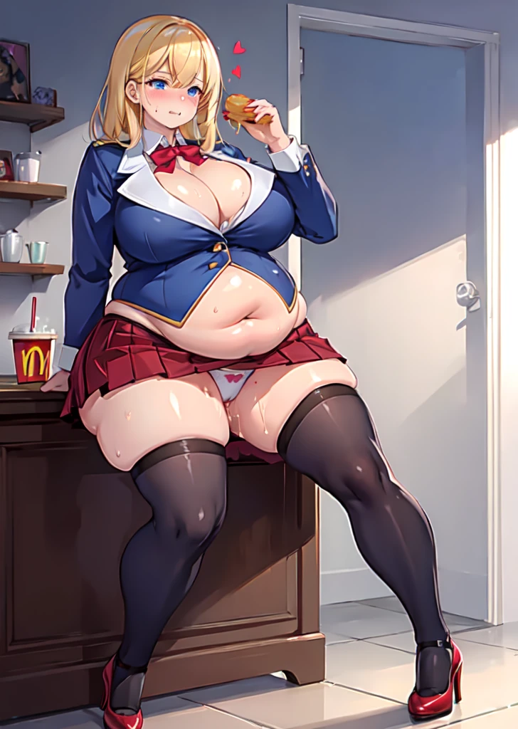 High quality, full body photo of a beautiful sexy secretary wearing extremely short skirt and seamed stockings, ((solo)), adult, high heels, craves sex, sweaty, eating at McDonalds, beautiful face, stunning blue eyes, massive painfully overstuffed bloated distended bulging heavy fat belly, panties visible under skirt, revealing skirt, shes binge eating, weight gain, very wide fat hips, fat thick thighs, massive wide fat round heart shaped shelf bubble butt, massive fat breasts, deep cleavage, tight uniform,