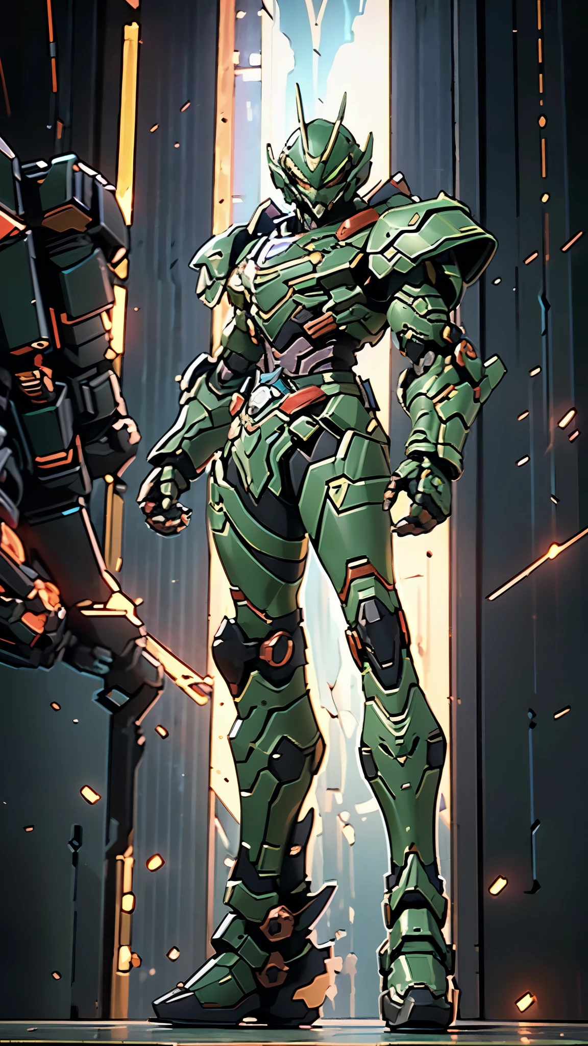 A man wearing a full-face helmet, a fantasy-style biotech armored combat suit, green eyes, (a composite layered chest armor), fully enclosed shoulder guards, matching arm and leg guards, the belt is adorned with fangs biting into gem, (the color scheme is primarily black with red accents), the design balances heavy with agility, a high-tech bio-mecha armor, (Armor Concept Inspired by Godzilla, stand on the top of a skyscraper in a futuristic sci-fi city), this character embodies a finely crafted fantasy-surreal style armored hero in anime style, exquisite and mature manga art style, (element, plasma, energy, the armor glows), ((male:1.5)), metallic, real texture material, dramatic, high definition, best quality, highres, ultra-detailed, ultra-fine painting, extremely delicate, professional, perfect body proportions, golden ratio, anatomically correct, symmetrical face, extremely detailed eyes and face, high quality eyes, creativity, RAW photo, UHD, 32k, Natural light, cinematic lighting, masterpiece-anatomy-perfect, masterpiece:1.5