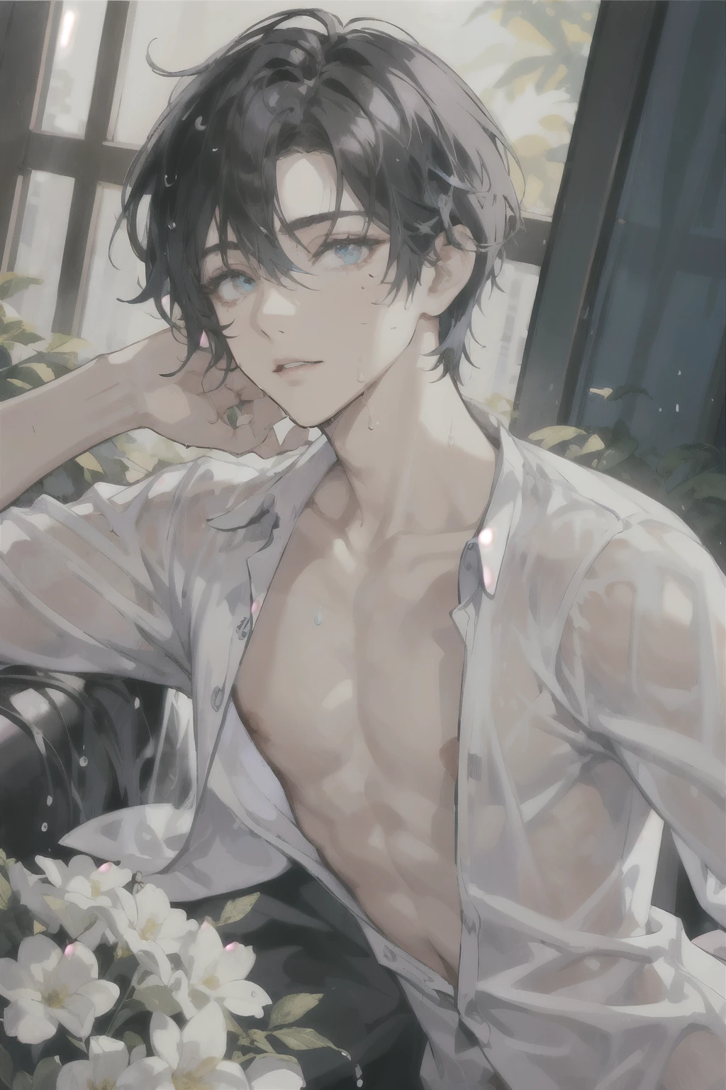 masterpiece, best quality, ultra detailed, solo man, male focus, ((Oblong face)), ((Square jawline)), black hair, ((hairs between eyes)), shoulder length, ((narrow blue eye)), shirt, fair skin, skinny body, beauty mark, nsfw, wet skin, lying
