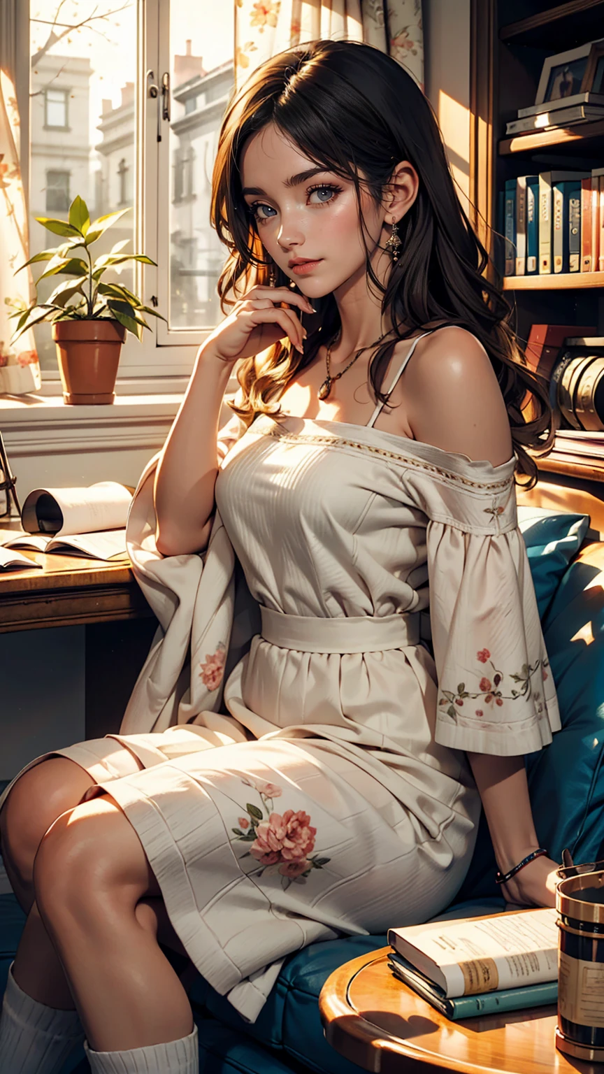 living room, sofa, window, curtain, Speckled sunlight, Potted plants, table, cupboard,Bookshelf, Desk lamp, Girl sitting on sofa、smile、play the guitar