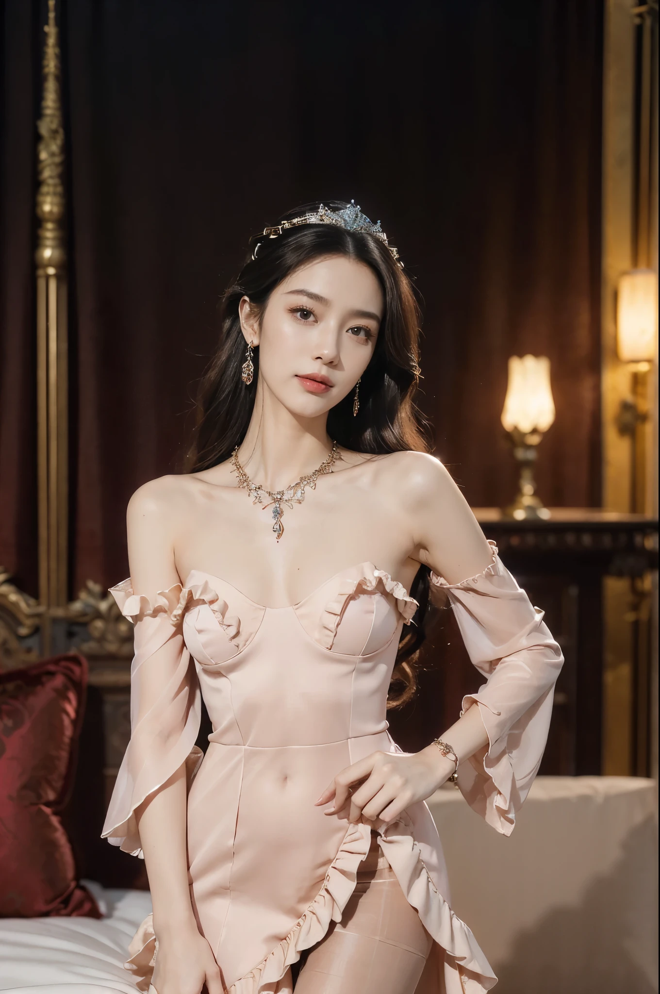 (Extremely meticulous CG),(((8k))),wallpaper,(Portrait above the chest:1.3),((Extremely refined and beautiful)),(((Masterpiece))),(((best qualtiy))),(((Ultra High Resolution))),beautiful light up,realistic shaded,(Smooth and flawless fair skin:1.5),(Extremely exquisite facial details:1.2),(ultra-detailed:1.5),((a beautiful girl,solo)),(shoulder length straight bob hair:1.3),(small head:1.2),(princess crown:1.2),(slender face:1.2),(Exquisite makeup:1.3),(smiling:1.2),(laughing:1.2),(blush:1.3),(perfect body:1.2),(earrings:1.2),(crystal necklace:1.3),(Bracelet:1.2),(Gorgeous red Gothic ruffled evening dress:1.5),(sleeves:1.2),((slim,thin)),(small breasts:1.2),(flat chests:1.2),(slender legs:1.2),(nude pantyhose:1.5),(high heels:1.3),(from front:1.3),(standing:1.3),(arms behind back:1.3),(In a luxurious hotel bedroom:1.5),(Extremely luxurious decoration:1.5),(warm neon lights:1.3),(indoor:1.2),(Cyberpunk style:1.3),(detailed background:1.5),(night scene:1.5),(upper body:1.3),