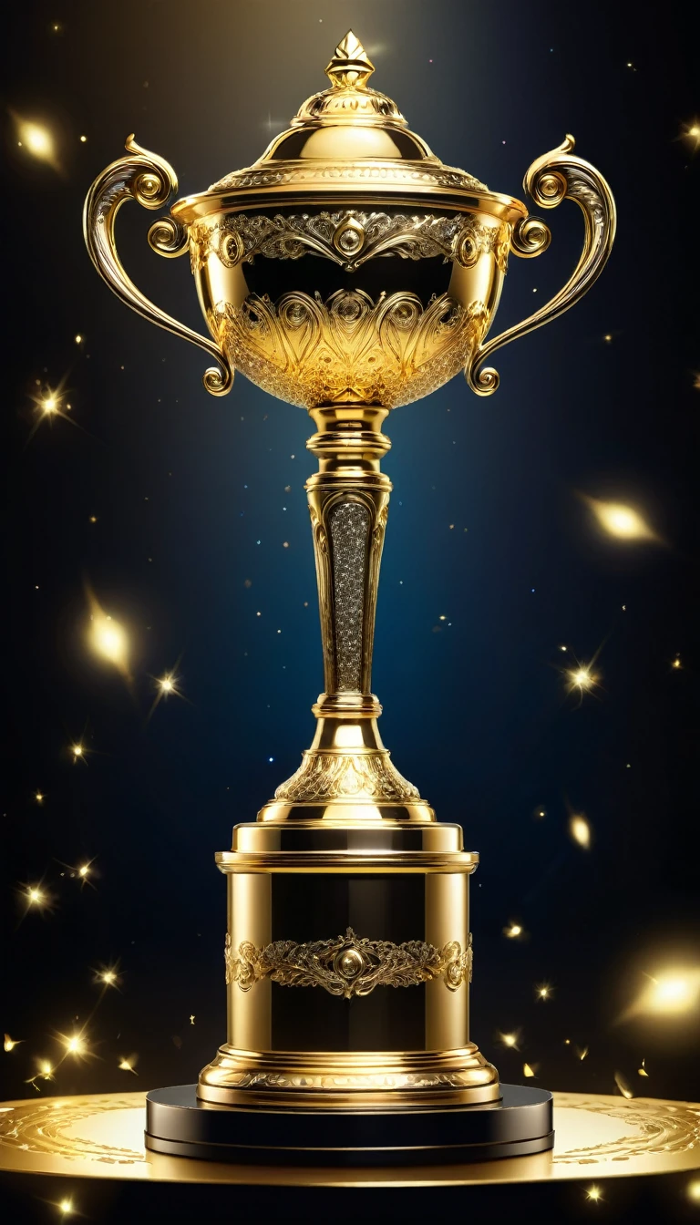 best quality,ultra-detailed,golden trophy,shiny surface,reflection of light,exquisite details,engraved patterns,elaborate design,impressive size,prize,achievement,success,victory,celebration,sparkling,prestigious,event,award,crowd,glamorous atmosphere,elaborate pedestal,standing tall,proudly displayed,attention-grabbing,glowing,central focus,admiration,glitter,glamour,cherished,highly sought after,proud winner,envy of others,aspiration,motivation,uplifting