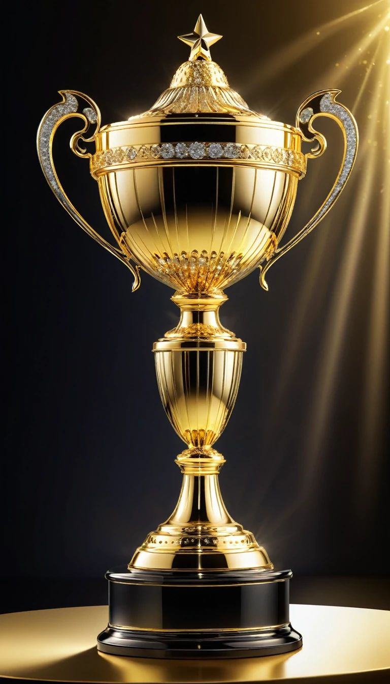 best quality,ultra-detailed,golden trophy,shiny surface,reflection of light,exquisite details,engraved patterns,elaborate design,impressive size,prize,achievement,success,victory,celebration,sparkling,prestigious,event,award,crowd,glamorous atmosphere,elaborate pedestal,standing tall,proudly displayed,attention-grabbing,glowing,central focus,admiration,glitter,glamour,cherished,highly sought after,proud winner,envy of others,aspiration,motivation,uplifting