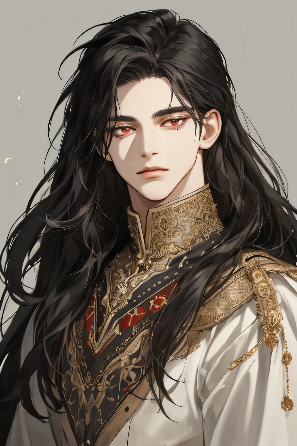 (extreamly delicate and beautiful:1.2), 8K,(masterpiece:1.0),(best_quality:1.0), 1boy, and intricate detailing, Enlarged textures, and intricate detailing, finely eye and detailed face, and intricate detailing, black long hair, (closed mouths), Perfect eyes, Equal eyes, red eyes (A male god) perpect, black long hair, background simple, very tall, perfect body, half body, perfect red eye, one mole in under eye