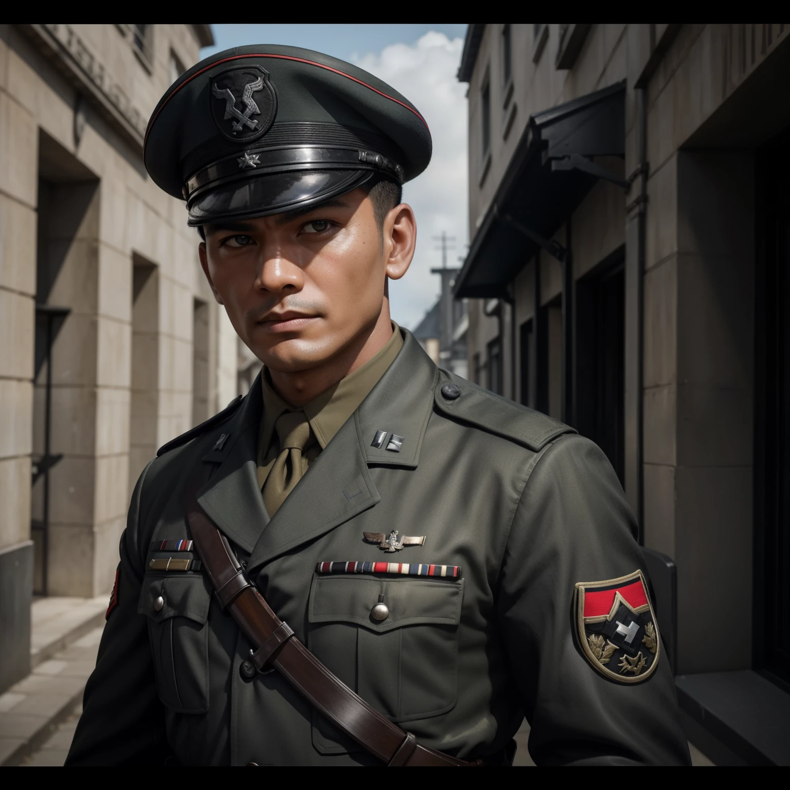 "Craft a vivid narrative depicting a strikingly handsome Indonesian military officer, his raven-black hair framing sharp features, during World War II. He serves in the Waffen-SS, clad in a steely grey uniform with a military cap adorning his head. Despite his alluring appearance, his demeanor is chillingly cold and lethal. Describe a scene where his ruthless efficiency and merciless nature are on display amidst the chaos of battle, capturing the essence of his character as a formidable and formidable figure on the battlefield." super fine face, super fine eyes, super fine nose, super fine mouth, perfect face, black uniform, uniform, ww2 soldier uniform, ww2 german soldier officer uniform, waffen ss uniform, Wehrmacht uniform, super realistic waffen ss uniform, passport photograph, weapon, rifle, machine gun, sub machine gun, assault rifle, super realistic weapon, super realistic gun, supe fine shoulder stock, raw photo