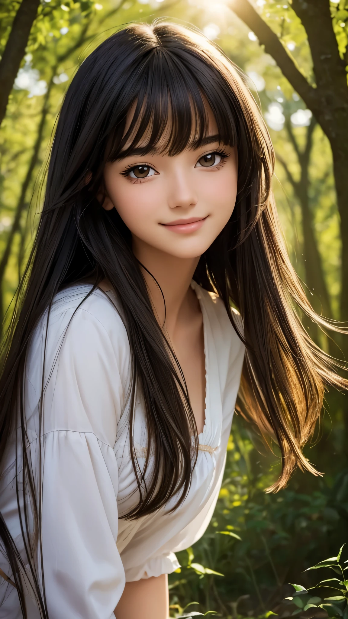 (Masterpiece), (Best Quality), (Super Detail), (disheveled Hair), (Illustration), (1 Girl), (Interview), (Brief Background), Beautiful Detailed Eyes, Delicate Beautiful Face, Floating, (High Saturation), (Shine), Focus on Face, Black Hair, Bangs, Full Smile, Floating Hair. girl, maiden in love, pixiv illustration, top quality, super detailed, smile, clever, beautiful face, 4K, nature, sunlight through trees,