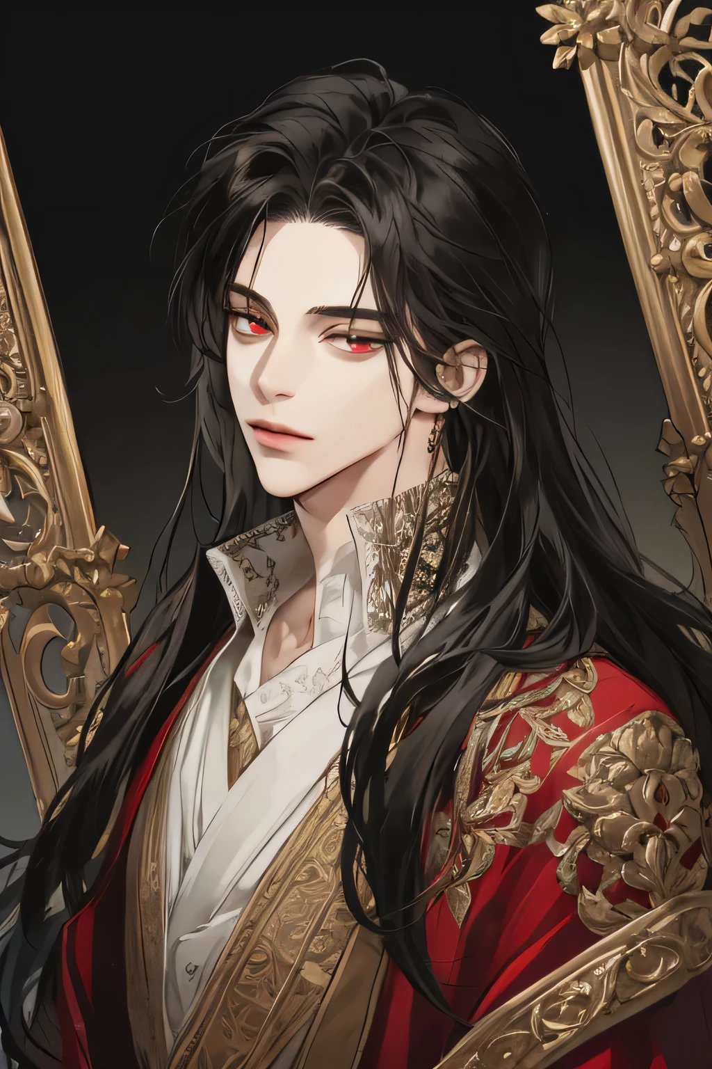 (extreamly delicate and beautiful:1.2), 8K,(masterpiece:1.0),(best_quality:1.0), 1boy, and intricate detailing, Enlarged textures, and intricate detailing, finely eye and detailed face, and intricate detailing, black long hair, (closed mouths), Perfect eyes, Equal eyes, red eyes (A male god) perpect, black long hair, background simple, very tall, perfect body, half body, perfect red eye