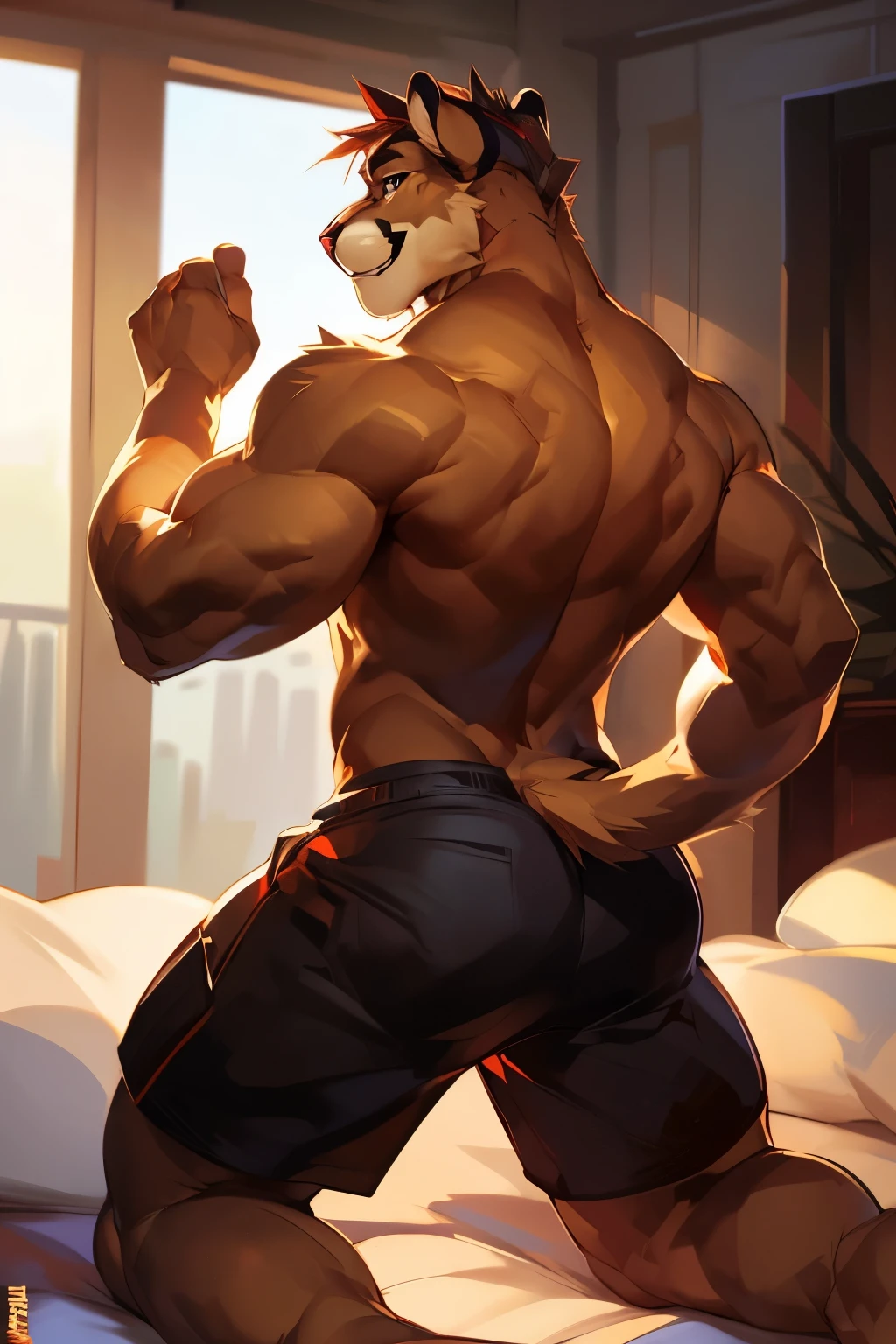 (by seatohao, by mystikfox50, by darkgem), male anthro furry, muscular, solo, bed, smile, grin, black shorts, shirtless, cougar, looking at viewer, back view, kneeling