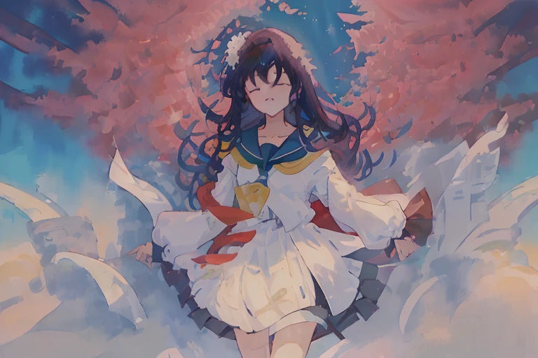 watercolor paiting、Pale shades、Beautiful colors、parfect anatomy、cowboy shot、Girl Closing Her Eyes、Cute, obra de arte, melhor qualidade, high resolution, Serena \(Pokémon\), cabelo curto, olhos azuis, 1 garota, Sozinho, fita azul, eyelash, coxas pretas, neck ribbon, sem mangas, franja, clavicle, bare arms, vestido rosa, casaco vermelho, ao ar livre, de cima, campo, grama,