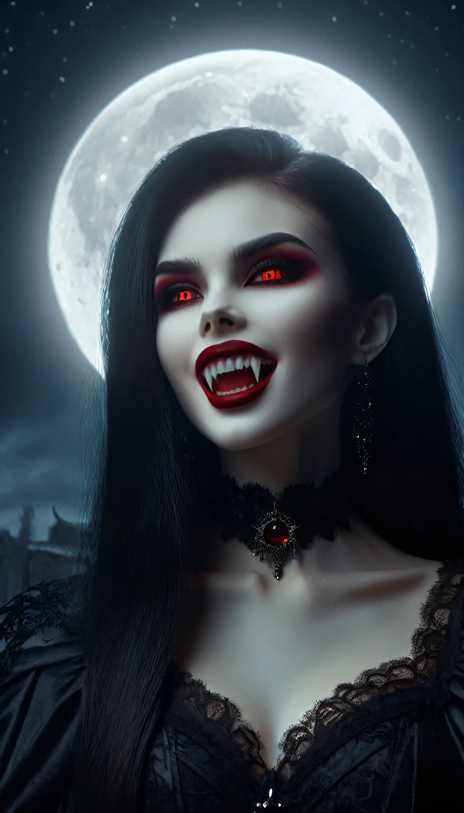 (best quality,highres),far away camera angle,looking into a female vampire's eyes,demonic smile,pointed fangs,beautiful detailed eyes,sharp focus,piercing gaze,sinister atmosphere,pale skin,flowing dark hair,vivid red lips,black Gothic attire,full moon in the background,subtle moonlight illuminating her face,surreal art style,dramatic shadows,creepy ambiance
