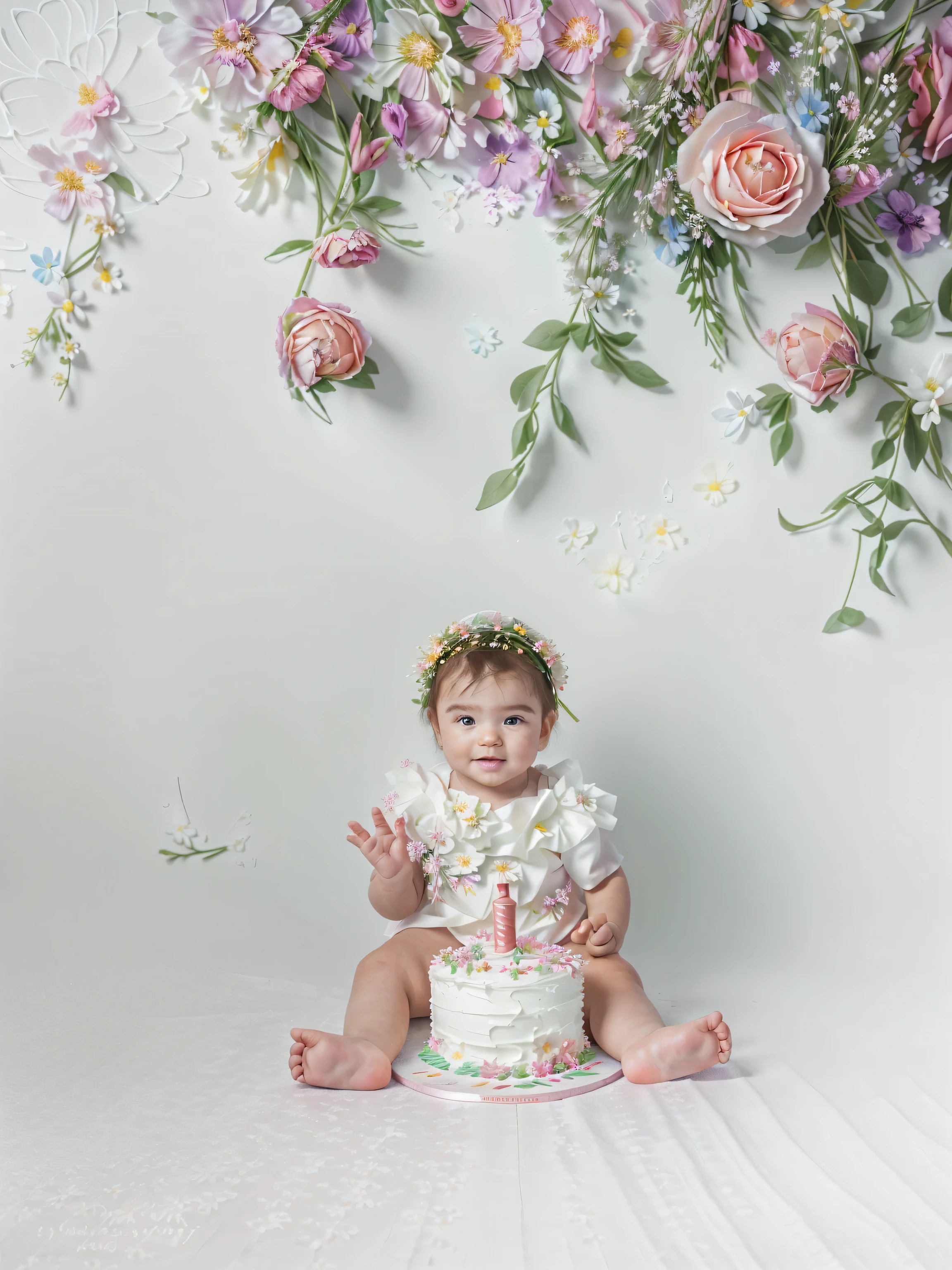 there is a  sitting in front of a cake with flowers on it, in front of white back drop, full body photogenic shot, with flowers, award winning studio photo, sitting with flowers, girl in flowers, full body photograph, wrapped in cables and flowers, high detail portrait photo, full body portrait shot, holding a birthday cake, floral painted backdrop, white backdrop