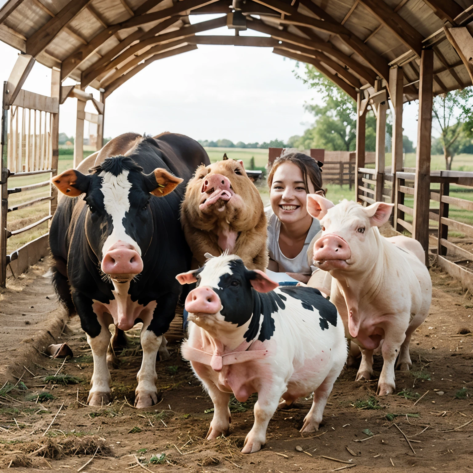 Cow, pig, duck and chicken are happy in the farm