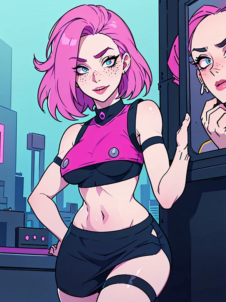 
Masterpiece, best quality, womanly, excited expression, portrait, pink hair, pale skin, happy eyes, black tabled skirt, pink full lips, white crop top, freckles,  hair, urban setting, small waist big hips, fit, body goal, bigboob sensual sexy girl, brawlstars character