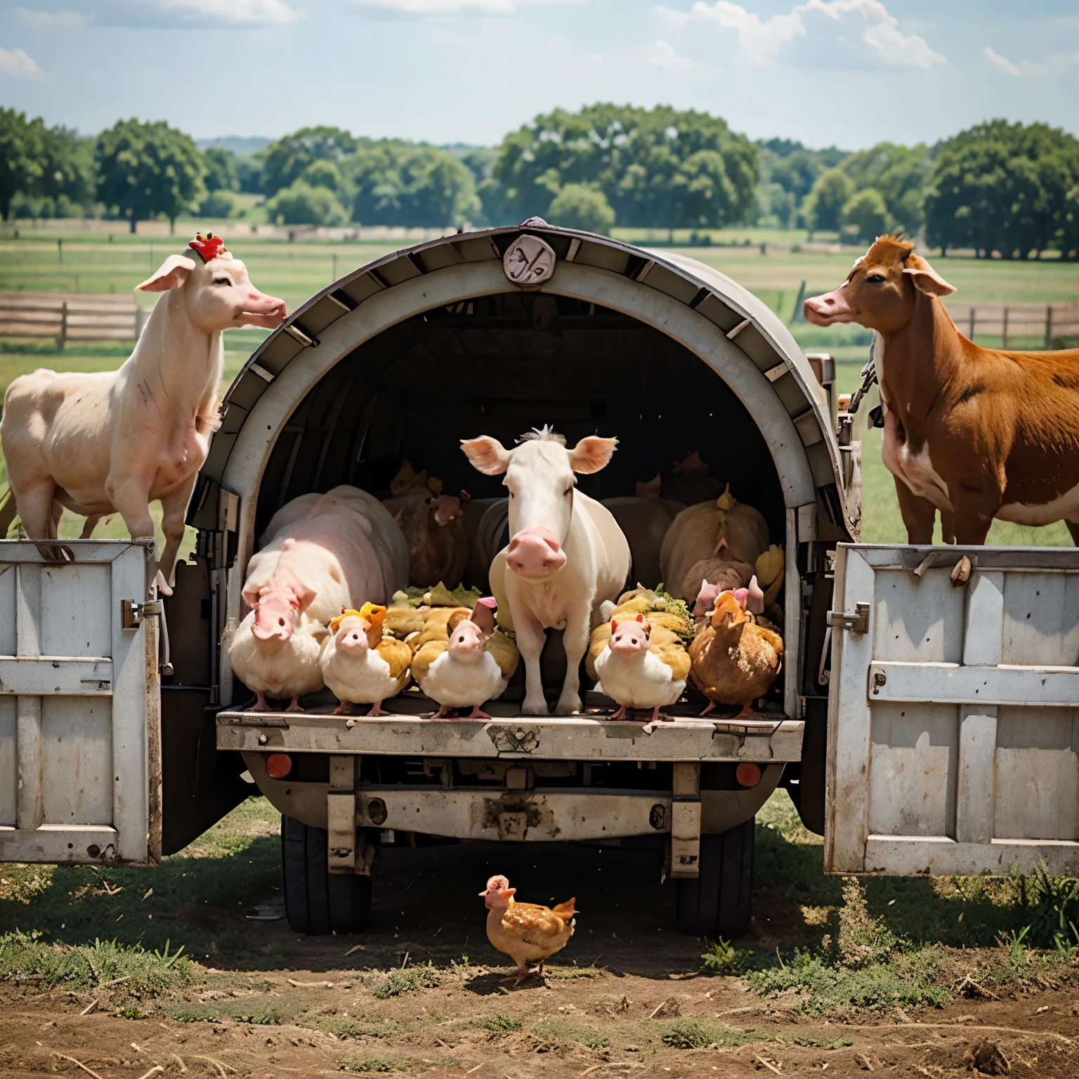 Cow, pig, duck and chicken are happy in the farm