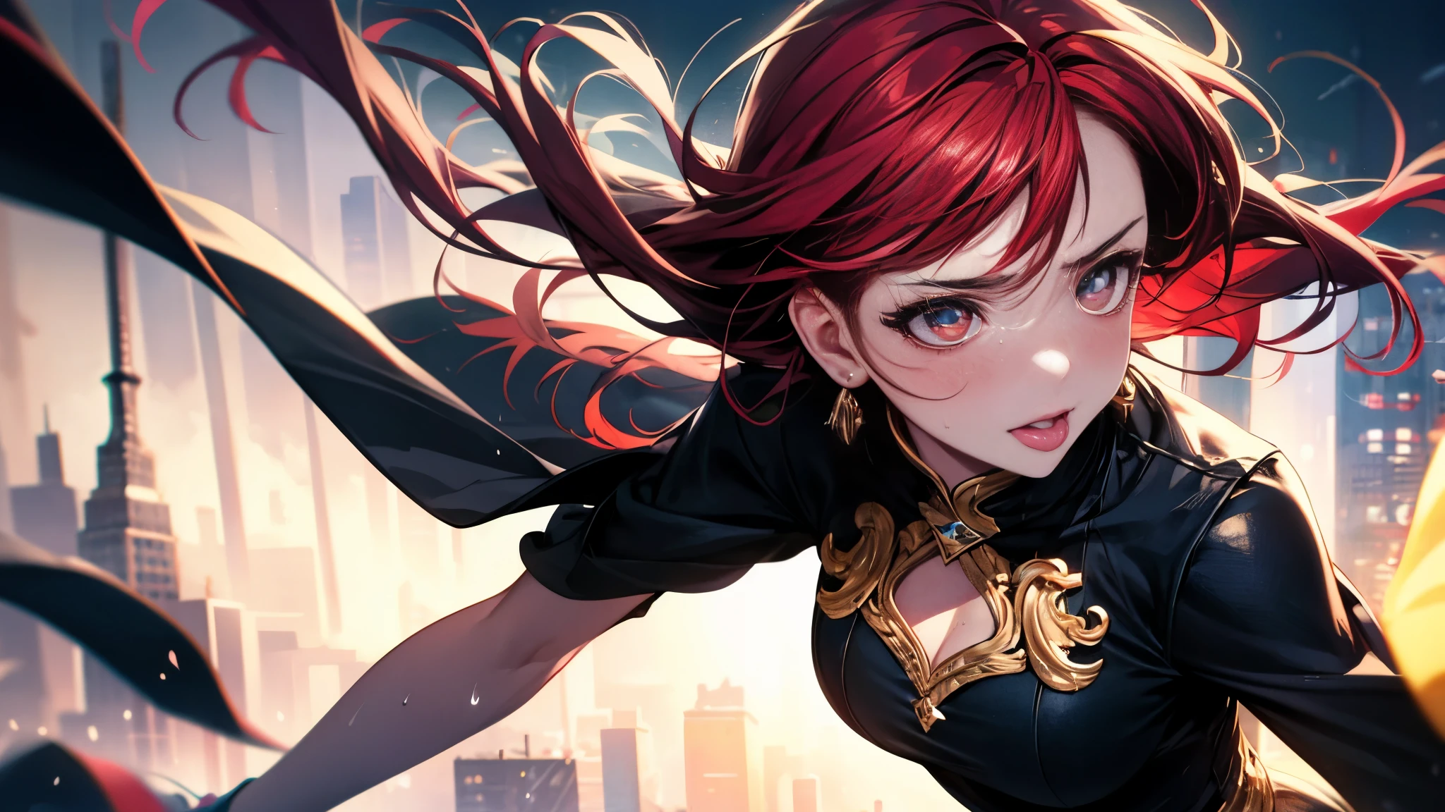​(Best quality, 8K, Masterpiece:1.3, 1 girl, solo, Beautiful girl), cute, Dynamism, Detailed face, Detailed skin, detailed clothes, Detailed eyes, Detailed lips, Detailed tongue, Detailed fingers, Detailed mouth, Photorealistic, Raw photo, highres, hight resolution, Natural lighting, dynamic pose, perfect anatomy, toned legs, double eyelids, tear bags, round eyes, moist lips, sweaty, ecstatic face, city background, upper body, red hair, shining pupil