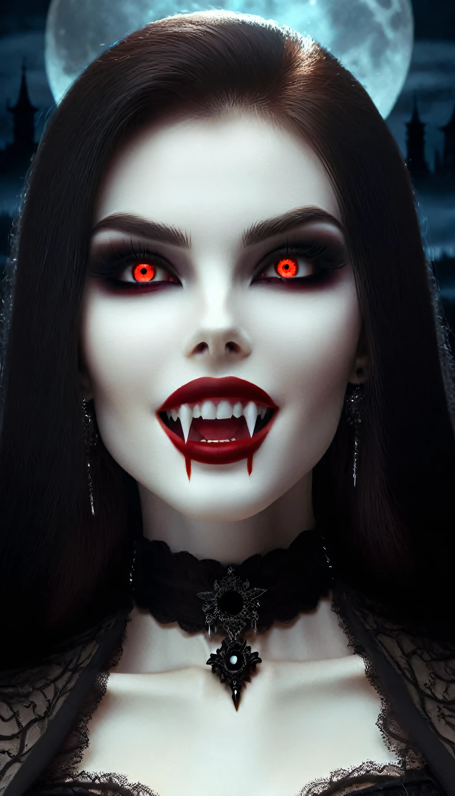 (best quality,highres),far away camera angle,looking into a female vampire's eyes,demonic smile,pointed fangs,beautiful detailed eyes,sharp focus,piercing gaze,sinister atmosphere,pale skin,flowing dark hair,vivid red lips,black Gothic attire,full moon in the background,subtle moonlight illuminating her face,surreal art style,dramatic shadows,creepy ambiance