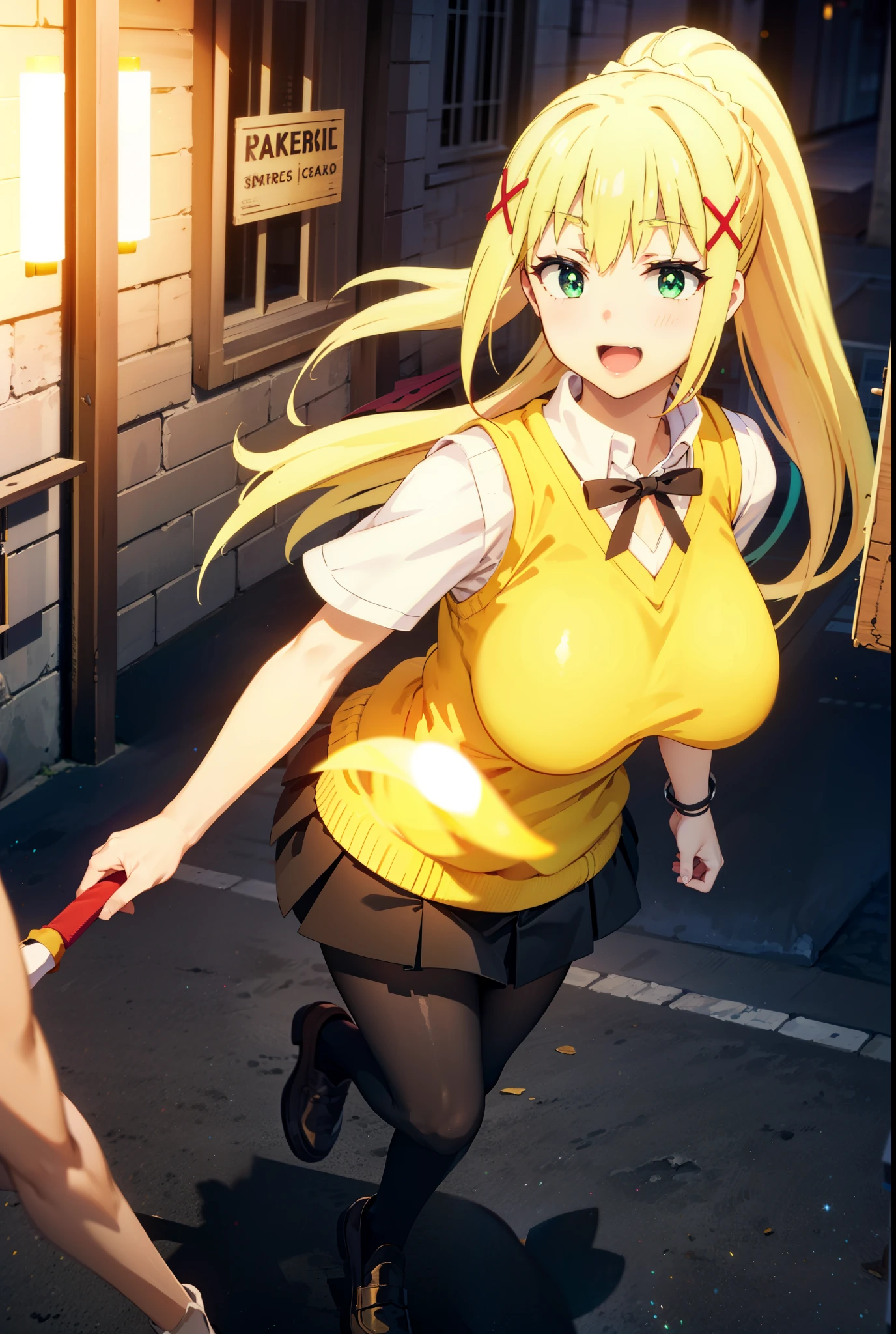 Lalatina Dusty Nesford, Lalatina Dustines Ford, darkness \(KonoSuba\), Long Hair, (Green Eyes:1.3), Blonde, hair ornaments, ponytail, Braiding, x hair ornaments,Big Breasts,happy smile, smile, Open your mouth, White shirt,Short sleeve,Sweater vest, black tights,(yellow Sweater vest:1.5),Black pleated skirt,Black Loafers,whole bodyがイラストに入るように,Walking,Sunset,evening,The sun is setting, break outdoor,In town,Building district,,crowd, people々々々々々, break looking at viewer, whole body, break (masterpiece:1.2), highest quality, High resolution, unity 8k wallpaper, (shape:0.8), (Beautiful and beautiful eyes:1.6), Highly detailed face, Perfect lighting, Extremely detailed CG, (Perfect hands, Perfect Anatomy),