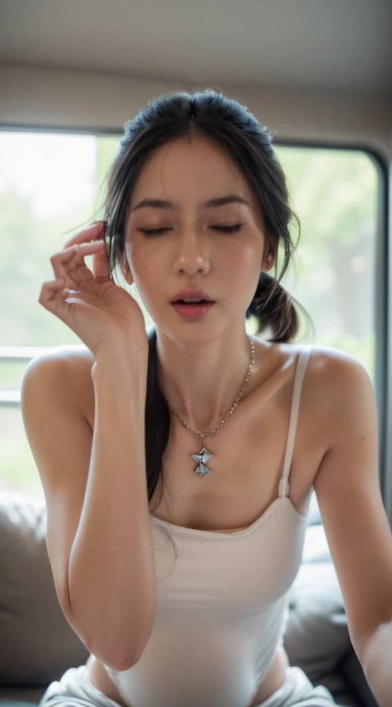 best quality,tmasterpiece,A high resolution,1girl,Floral bra set,hair adornments,choker necklace,jewelry,beautiful face,dingdall effect,realistic, lying,dark studio,edge lit,two tone lighting,(high detail skin:1.2),8k uhd, dslr, soft lighting, high high quality, volumetric light, sneak shot, photore, A high resolution, 4k, 8k, Background bokeh,